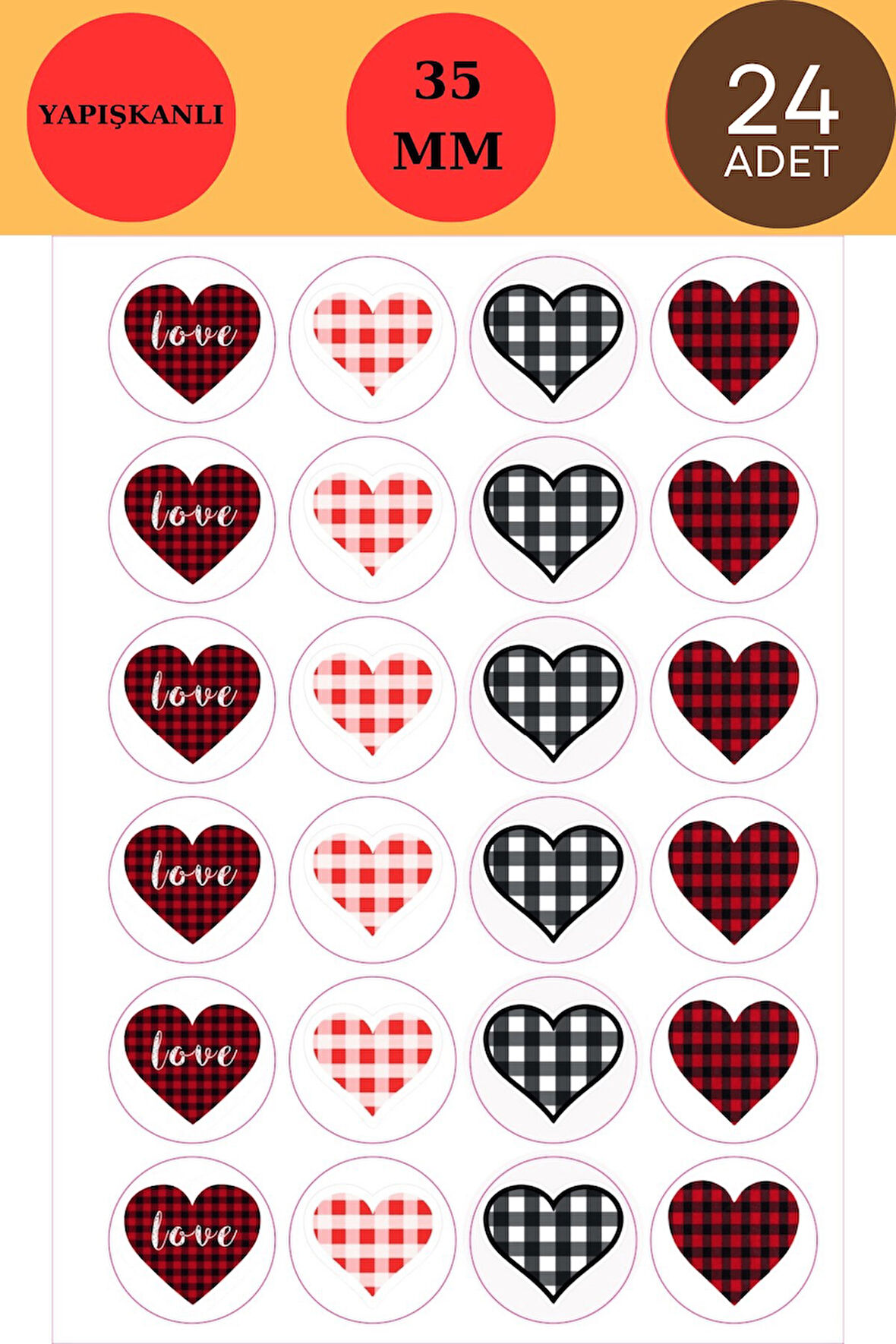 24 Adet - Kalp Ekose Sticker - Hediye Sticker - Notebook Sticker - Defter Sticker - Yılbaşı Süsü