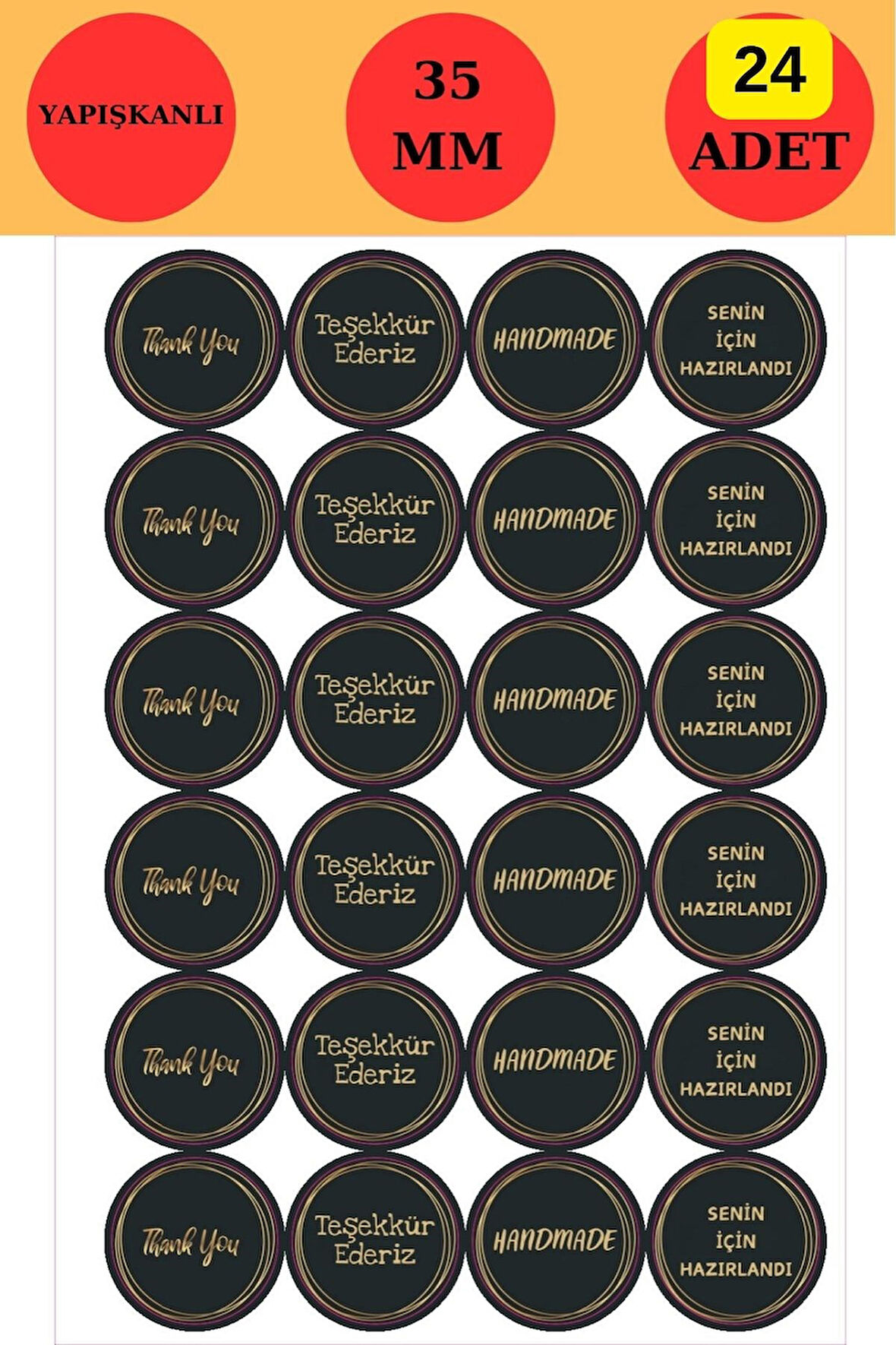 24 Adet - Siyah Gold Teşekkürler ve Handmade Sticker - 4 Çeşit - Gold Sticker - Siyah Sticker 