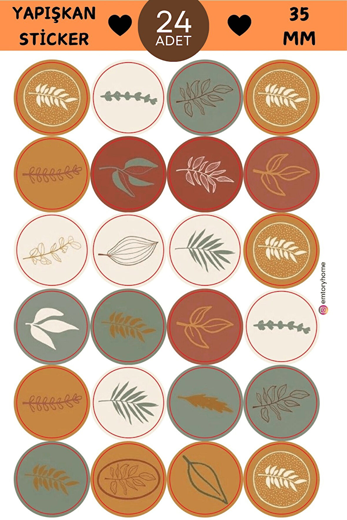 24 Adet - Orange & Red Sticker - Hediye Paketi Sticker - Çiçek Sticker - Yaprak Sticker