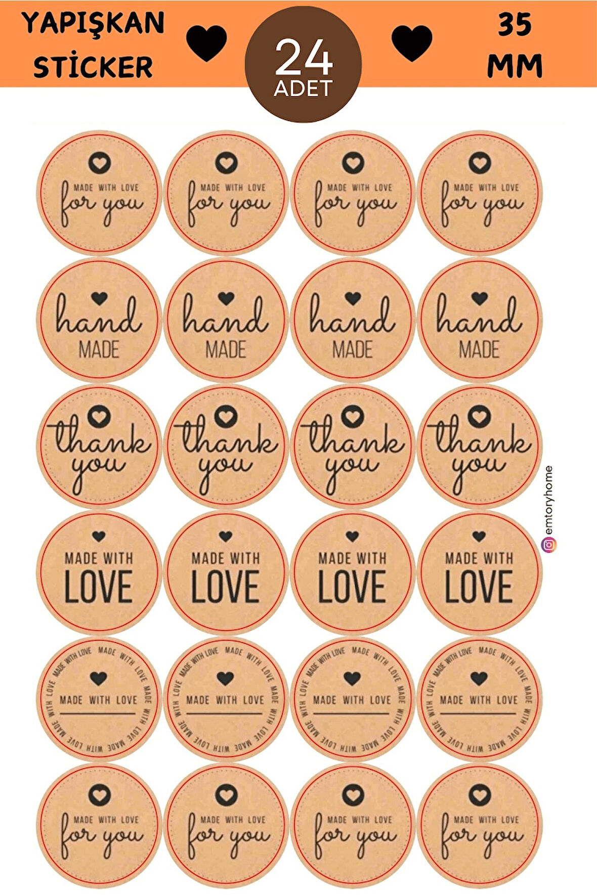 24 Adet - Bohemian Kraft Sticker - Handmade Love Sticker - Thank You Sticker - Teşekkürler Sticker