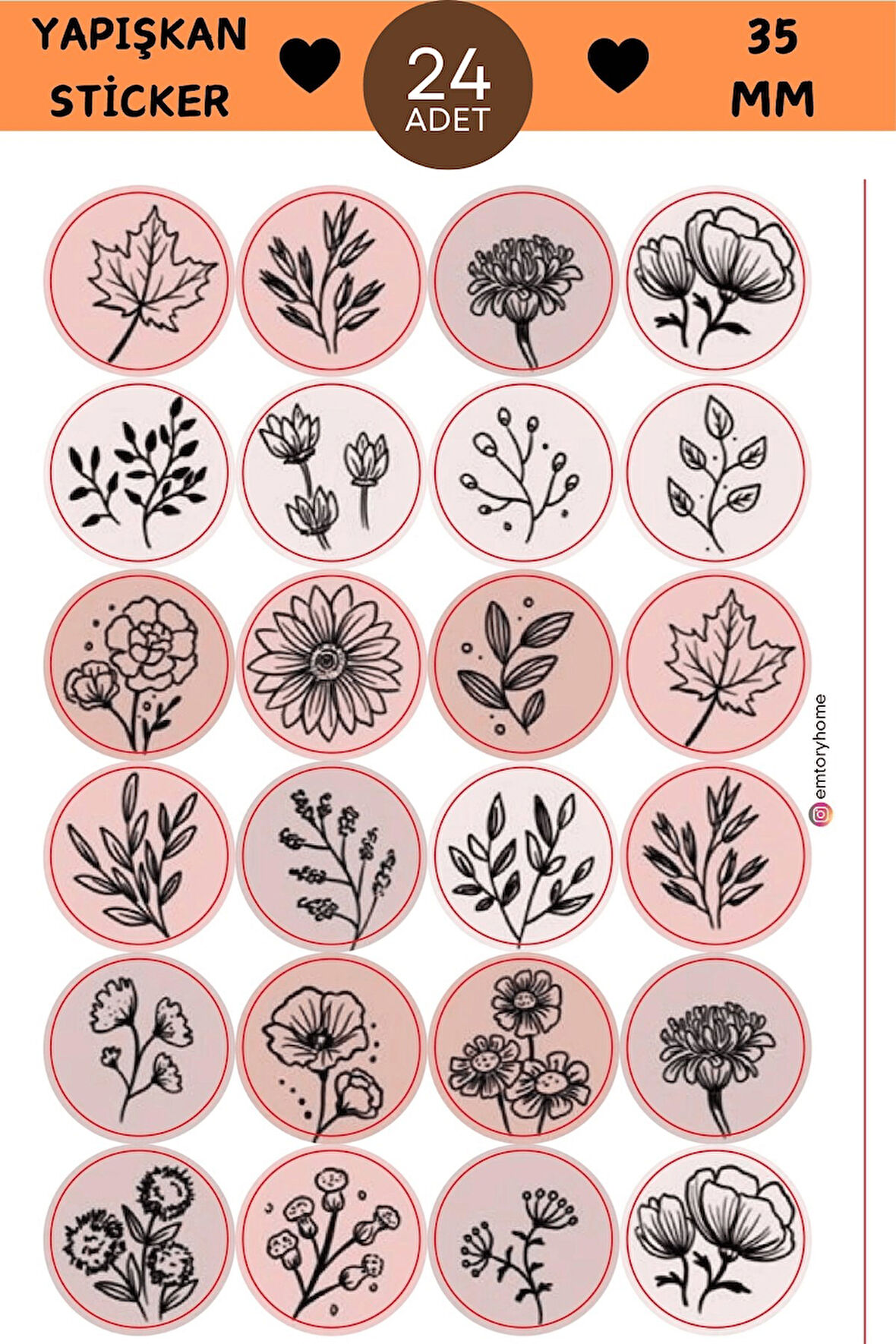 24 Adet - Pink Autumn Sprint Sticker - Hediye Paketi Sticker - Pembe Çiçek Sticker - Yaprak Sticker