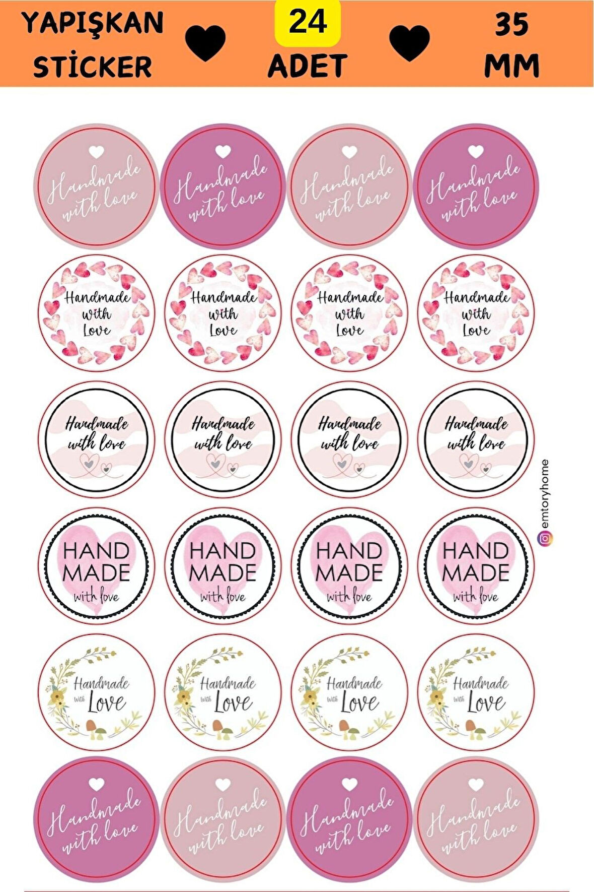 24 Adet - Renkli Handmade Love Sticker - Renkli Sticker - Paketleme Sticker - Handmade With Love
