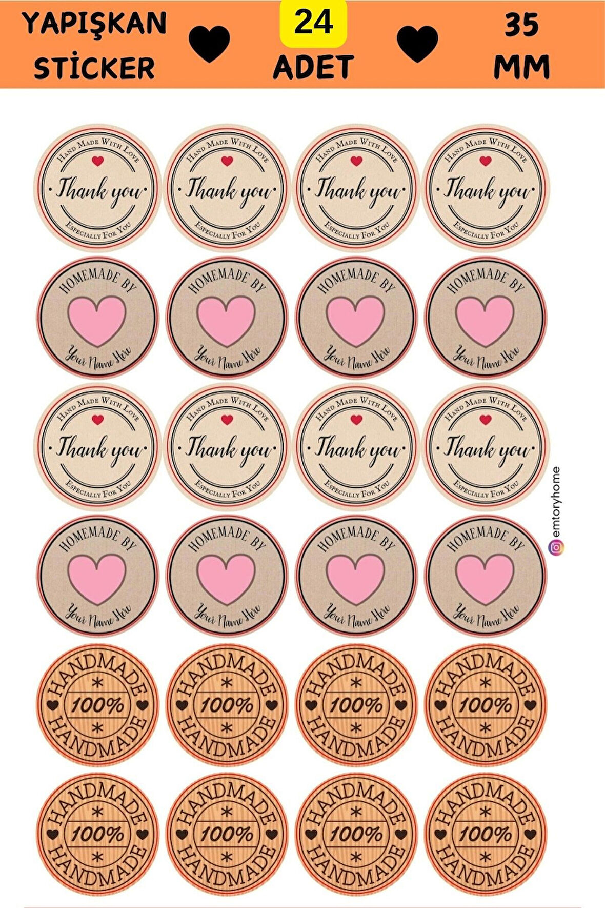24 Adet - Kraft Görünümlü Thank You & Handmade Sticker- Paketleme Sticker - Handmade Etiket - Hediye