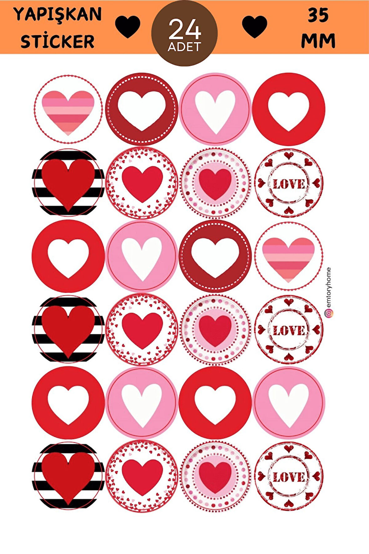 24 Adet - Karışık Kalp Sticker - Love Sticker - Hediye Paketi Sticker - Ambalaj Sticker -Sticker