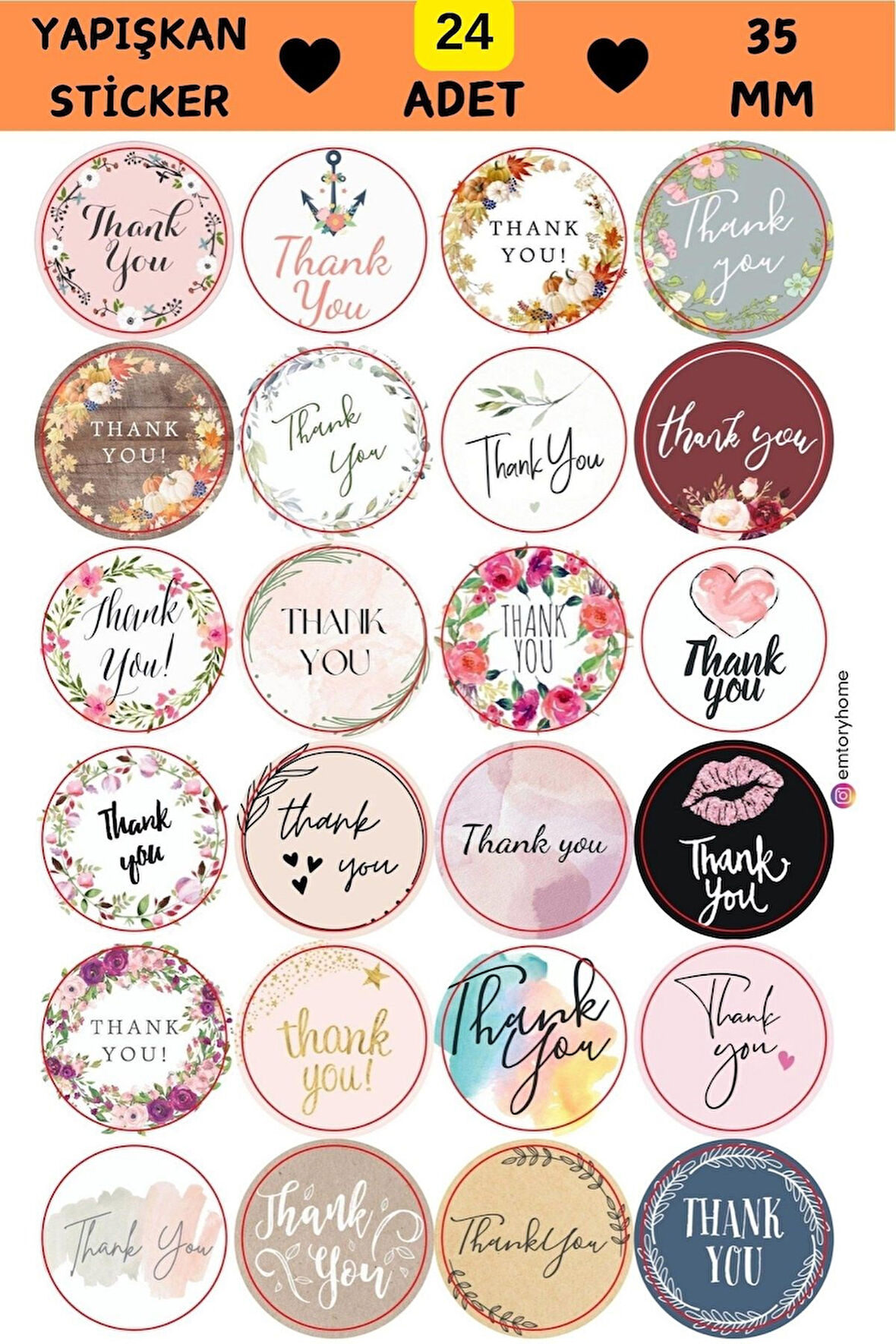24 Adet - 24 Çeşit Thank You Sticker - Teşekkür Sticker - Paketleme Sticker - Hediye Paketi Sticker 