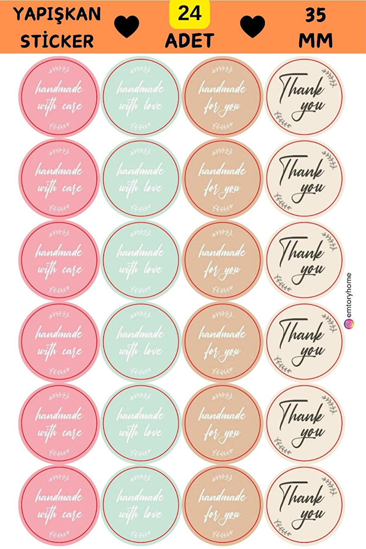 24 Adet - Handmade Sticker | With Case & With Love & For You Sticker -  Thank You Sticker 