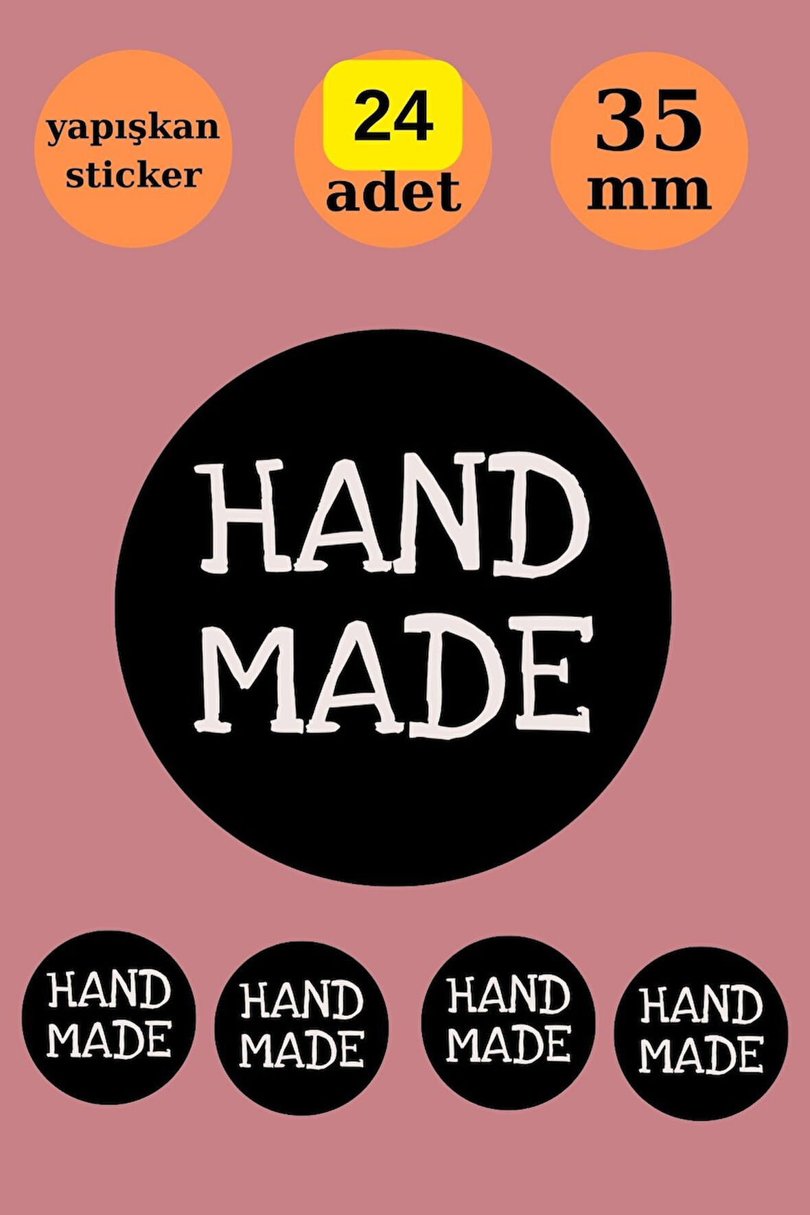 24 Adet - Siyah Handmade Sticker -Paketleme Sticker - Teşekkür Etiketi- Yuvarlak Sticker - 