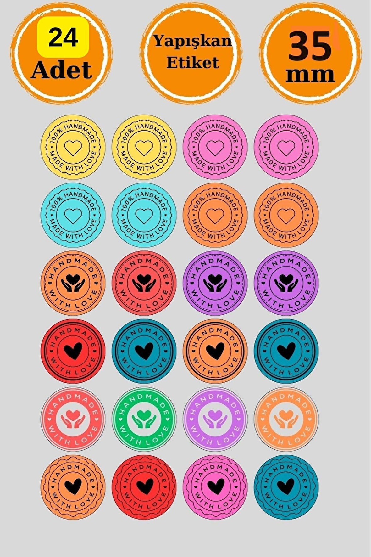 24 Adet - Handmade With Love Sticker - Paketleme Sticker - Handmade Sticker - Hediye Sticker