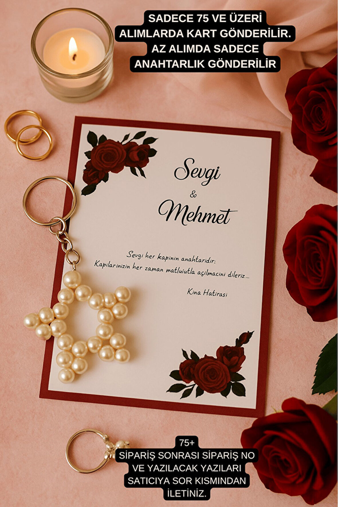 Kırmızı Gül Konsept 15 Adet İnci Anahtarlık - Kına Hediyesi - Nişan Hediyesi - Bride Nikah Hediye 