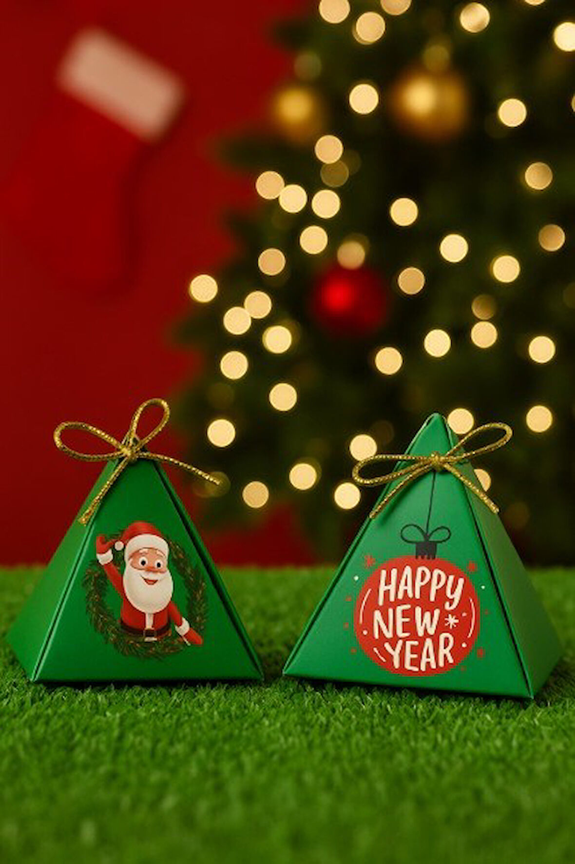 Noel Baba Yeşil 10'lu Piramit Kutu - Hediye Kutusu - Yılbaşı Kutusu - Yılbaşı Hediye- New Year Gift