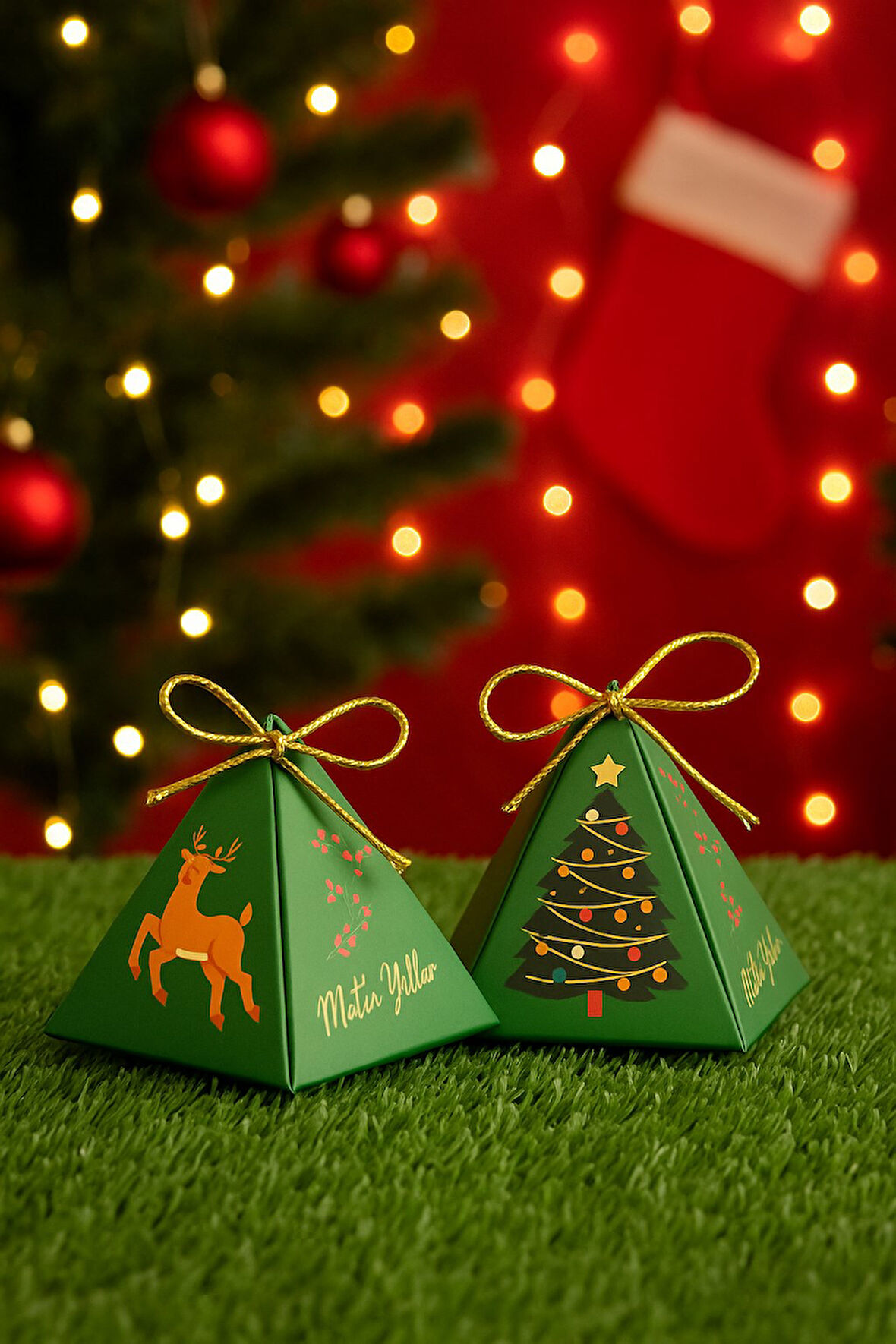 Çam Ağacı Geyikli Yeşil 10'lu Piramit Kutu - Hediye Kutusu - Yılbaşı Kutusu - Yılbaşı Hediyesi