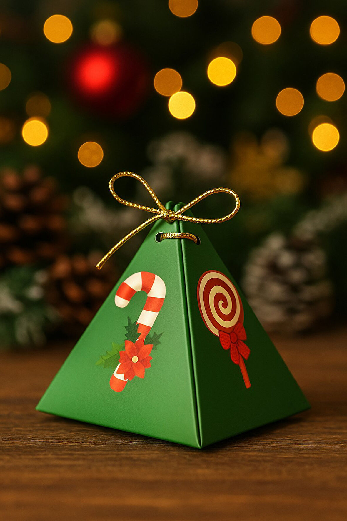 Şeker Kamışı Yeşil 10'lu Piramit Kutu - Hediye Kutusu - Ağaç Süsü - Yılbaşı Kutusu - Yılbaşı Hediye