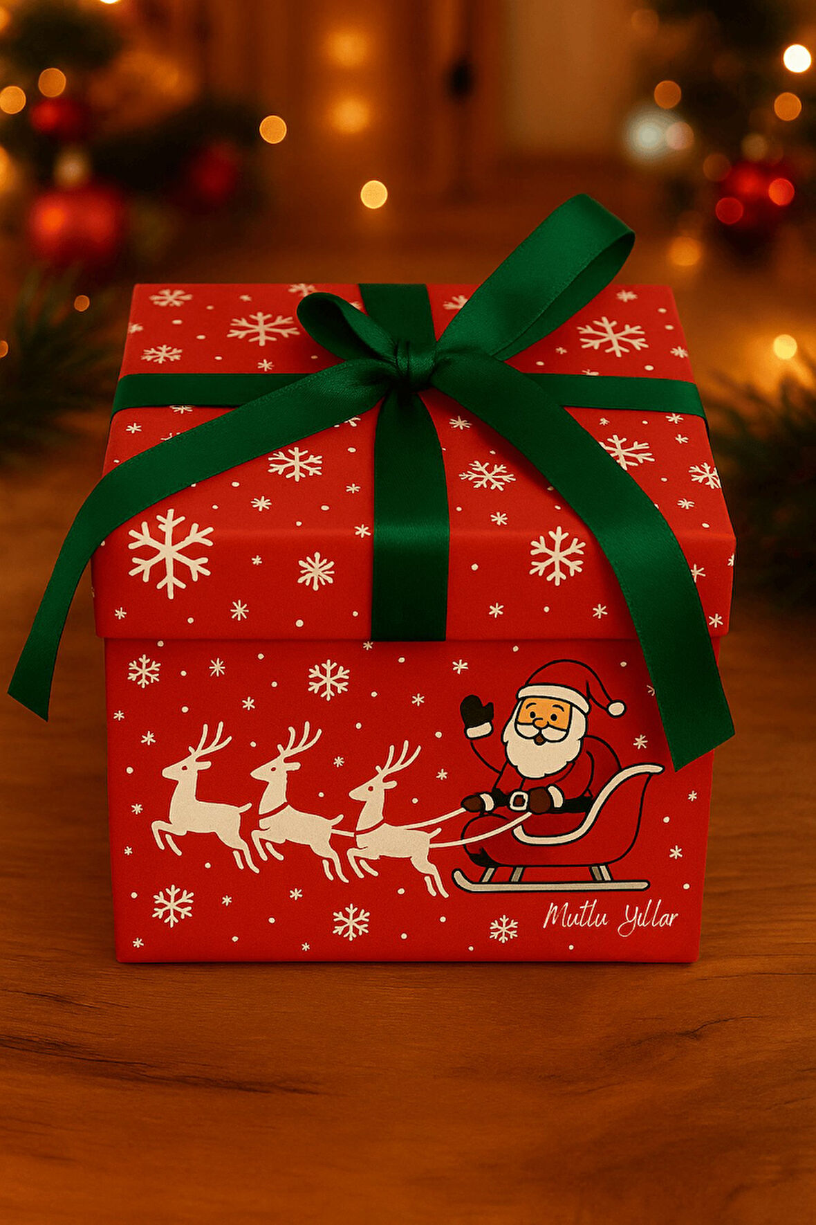 Yılbaşı Hediye Kutusu Kırmızı Noel Baba Geyikli - Hediye Paketi - Yılbaşı Süsü - Kurdele Dahil