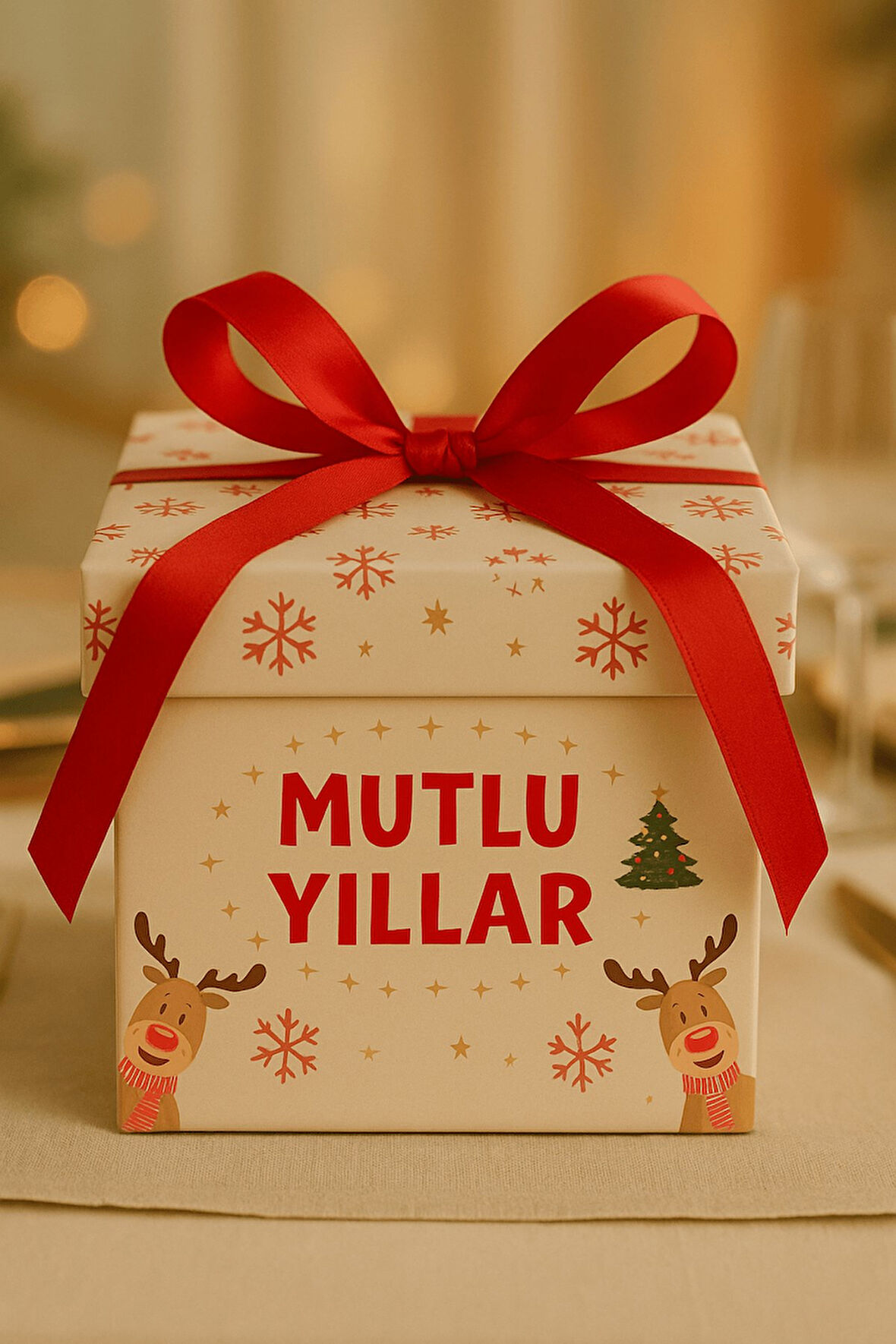Yılbaşı Hediye Kutusu - Geyikli Beyaz Mutlu Yıllar - Yılbaşı Hediye - Kurdeleli Yılbaşı Süsü 1 Adet