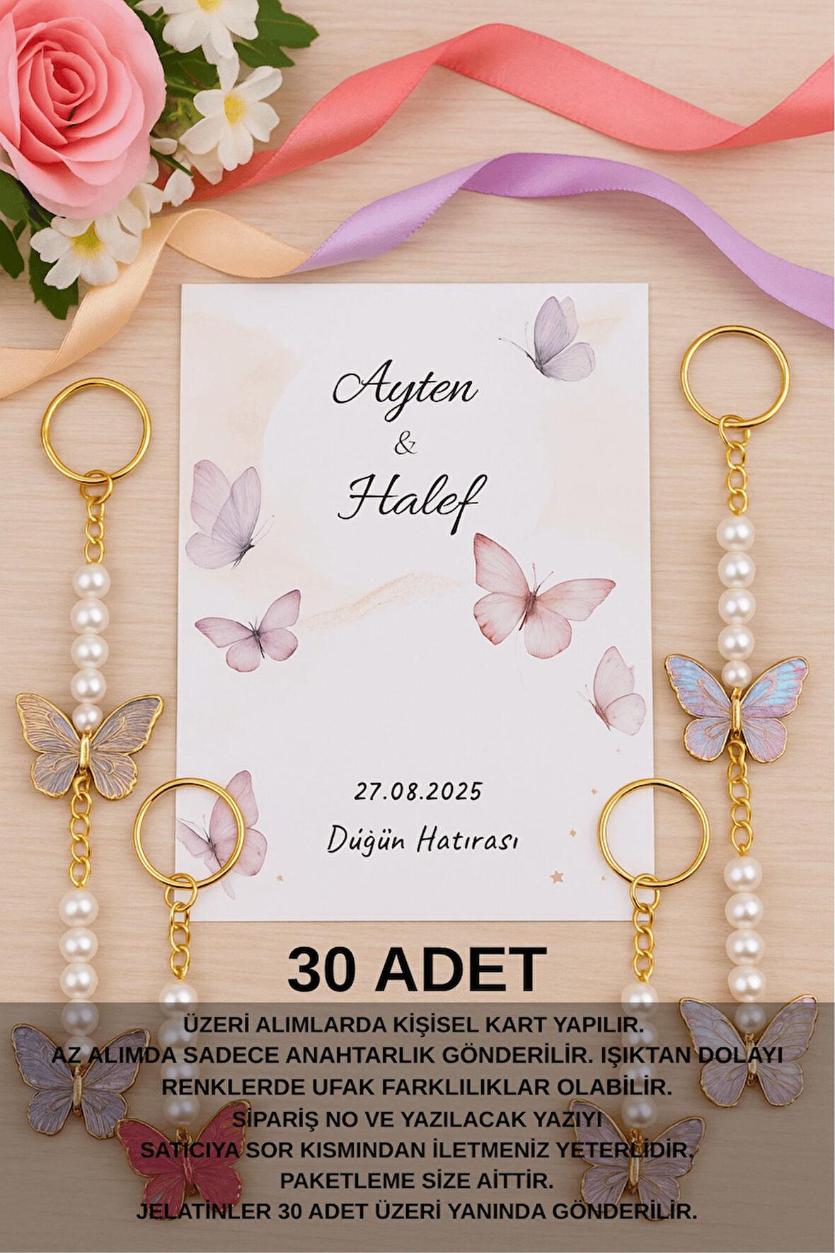 10 Adet Renkli Kelebek Kartlı Anahtarlık - Nişan Hediyesi - Nikah Hediyesi - Kına Hediyesi