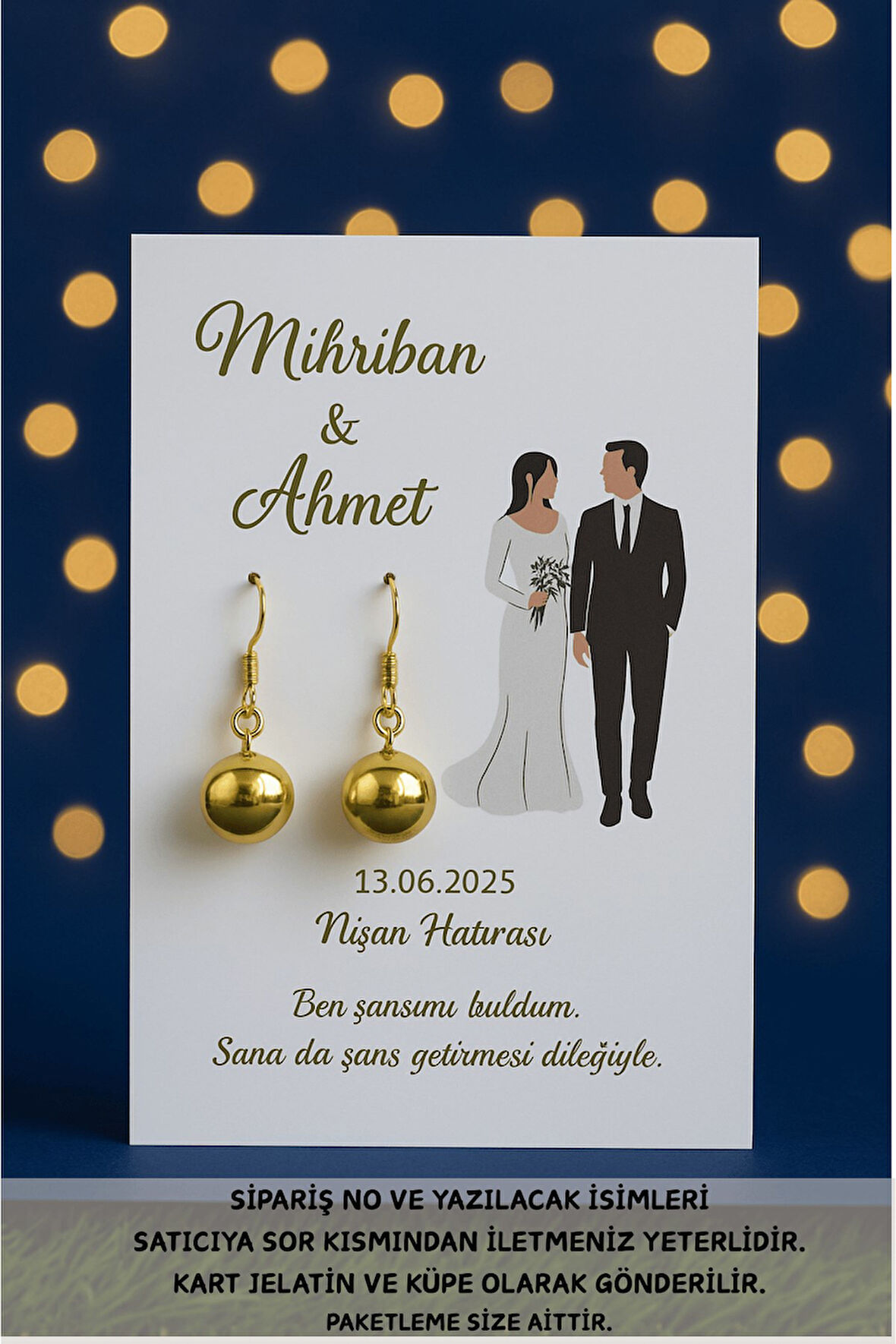 Gold Küpe 40 Adet  | Gelin Damat Kartlı - Nikah Hediyesi - Kına Hediyesi - Nişan Hediyesi