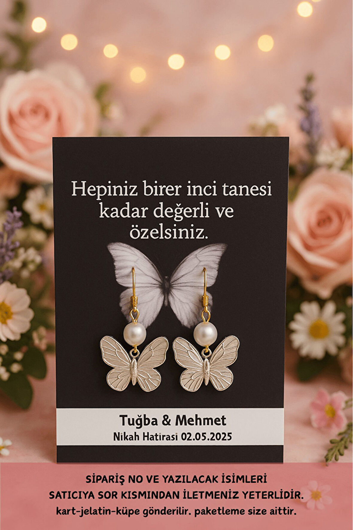 25 Adet Kelebek Kartlı Kelebek Sallantılı Küpe - Nikah, Nişan, Mevlid, Hediye - İsim Eklenir
