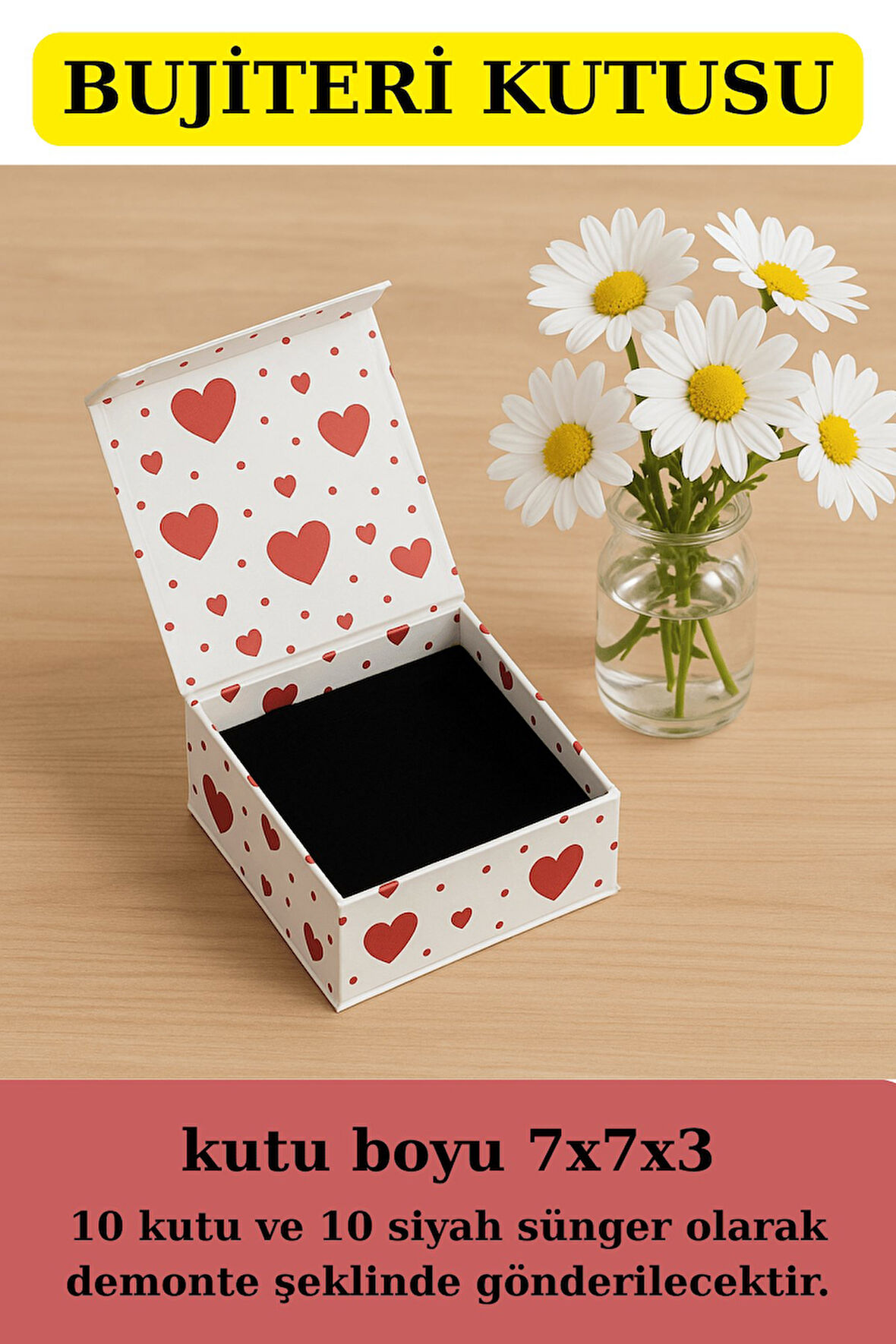 Takı Kutusu | 10 Adet Süngerli Kutu - Küpe Anahtarlık Bujiteri Kutusu - Büyük Kalpler