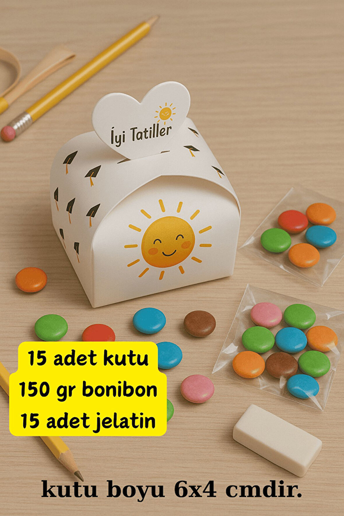 Yaz Tatili Kutulu Bonibon -15 Adet Bonibonlu Kalpli Kutu - Karne Hediyesi - Bonibon Hediye