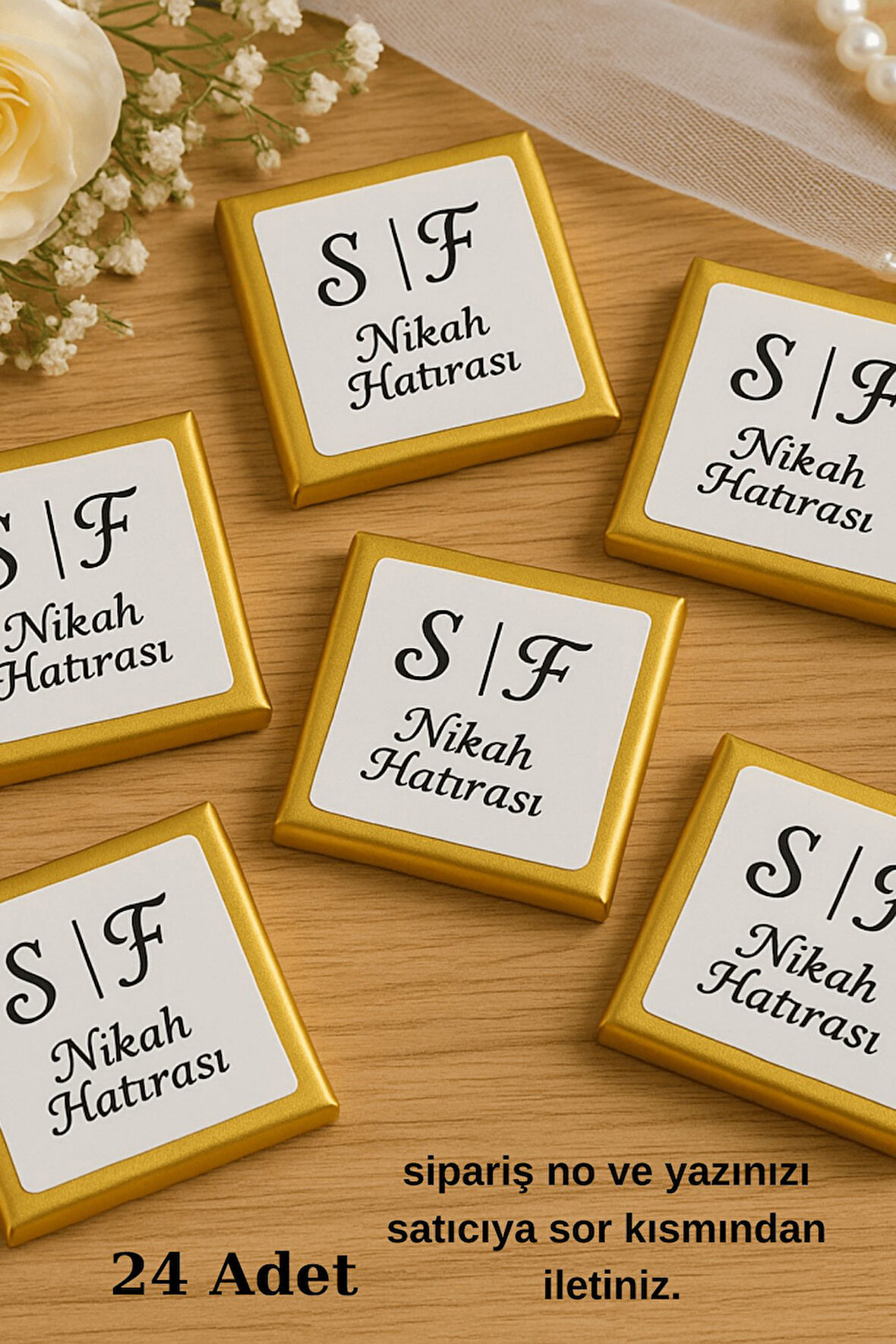 24 Adet Gold Detaylı Kişiye Özel Stickerlı Sütlü Çikolata - Nikah Hediyesi - Nişan Çikolatası