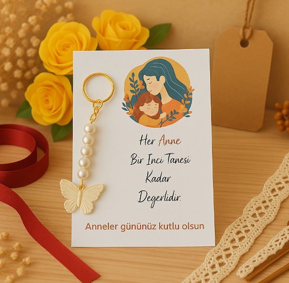 10 Adet Kelebek Anahtarlık ve Anneler Günü Kartı - Anneler Günü Hediyesi - Jelatinle gönderilir.