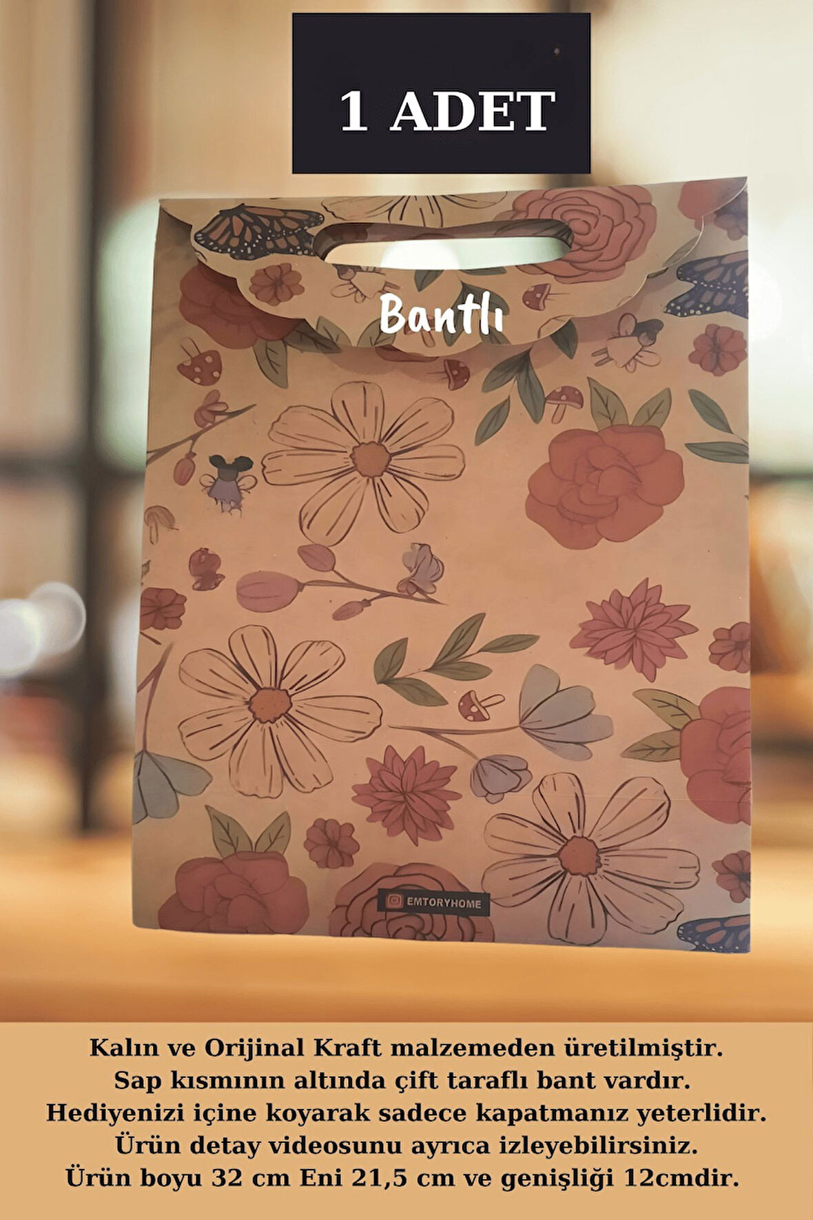 Papatya ve Gül Desenli Kraft Çanta - Anneler Günü Hediye Paketi - Anneler Günü - 1 Adet