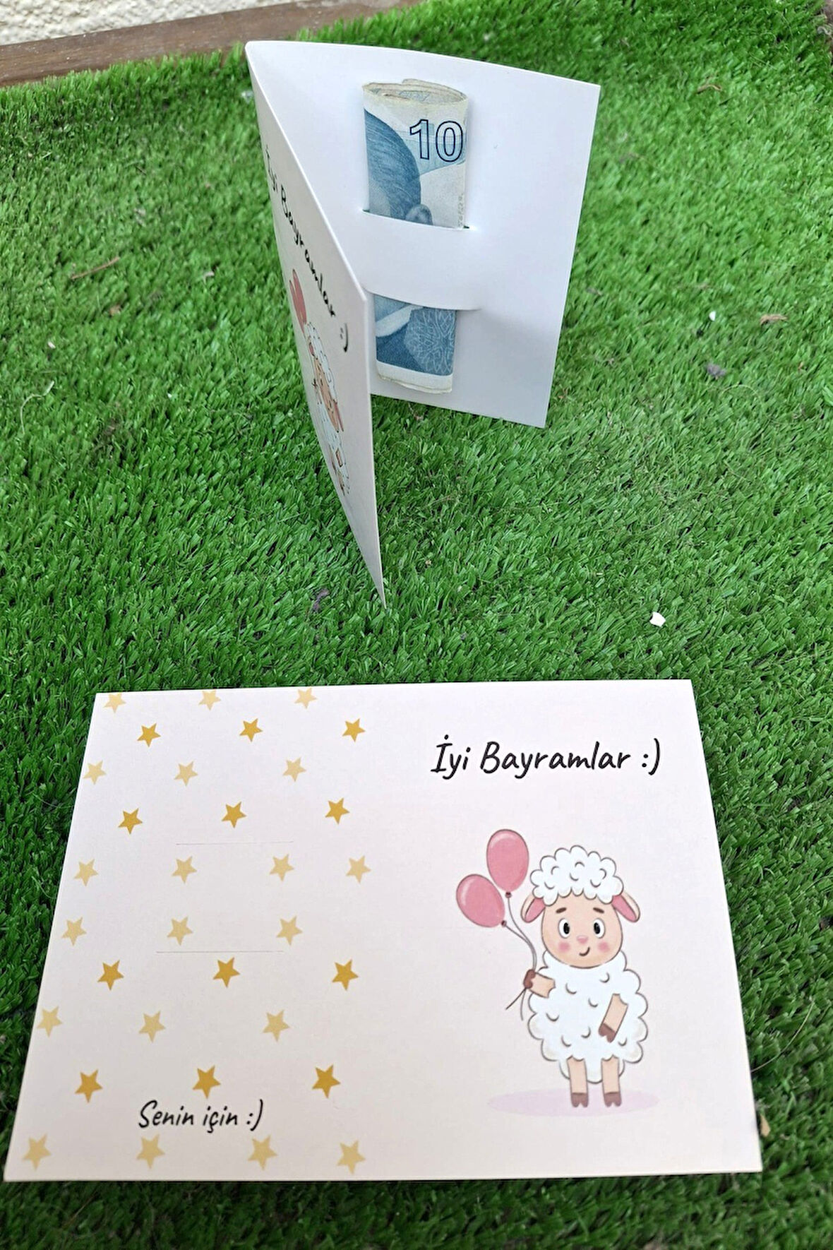 10 Adet Balonlu Kuzu İyi Bayramlar Tebrik Kartı - Para Kartı - Bayram Harçlık Kartı 1.Hamur