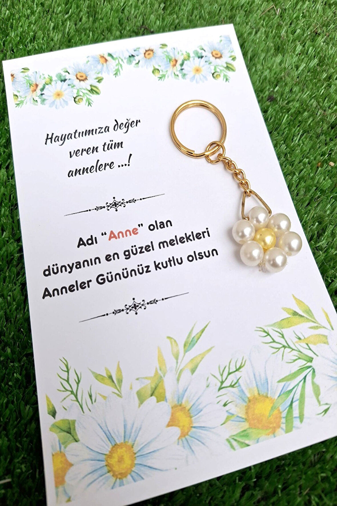 15 Adet İnci Papatya Anahtarlık - Anneler Günü Hediyesi - Jelatin Dahildir. - Sabit Yazıdır