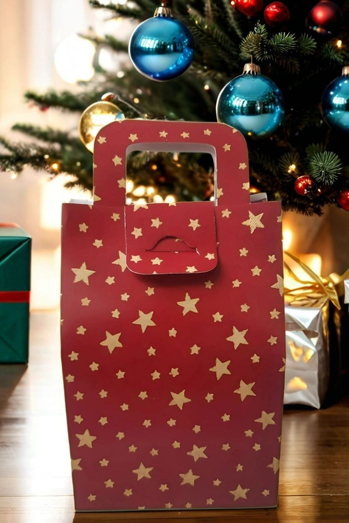 5 Adet Gold Yıldızlı Kırmızı Karton Çanta - Hediye Paketi - Hediye Kutusu-  Yılbaşı Hediye Paketi 10