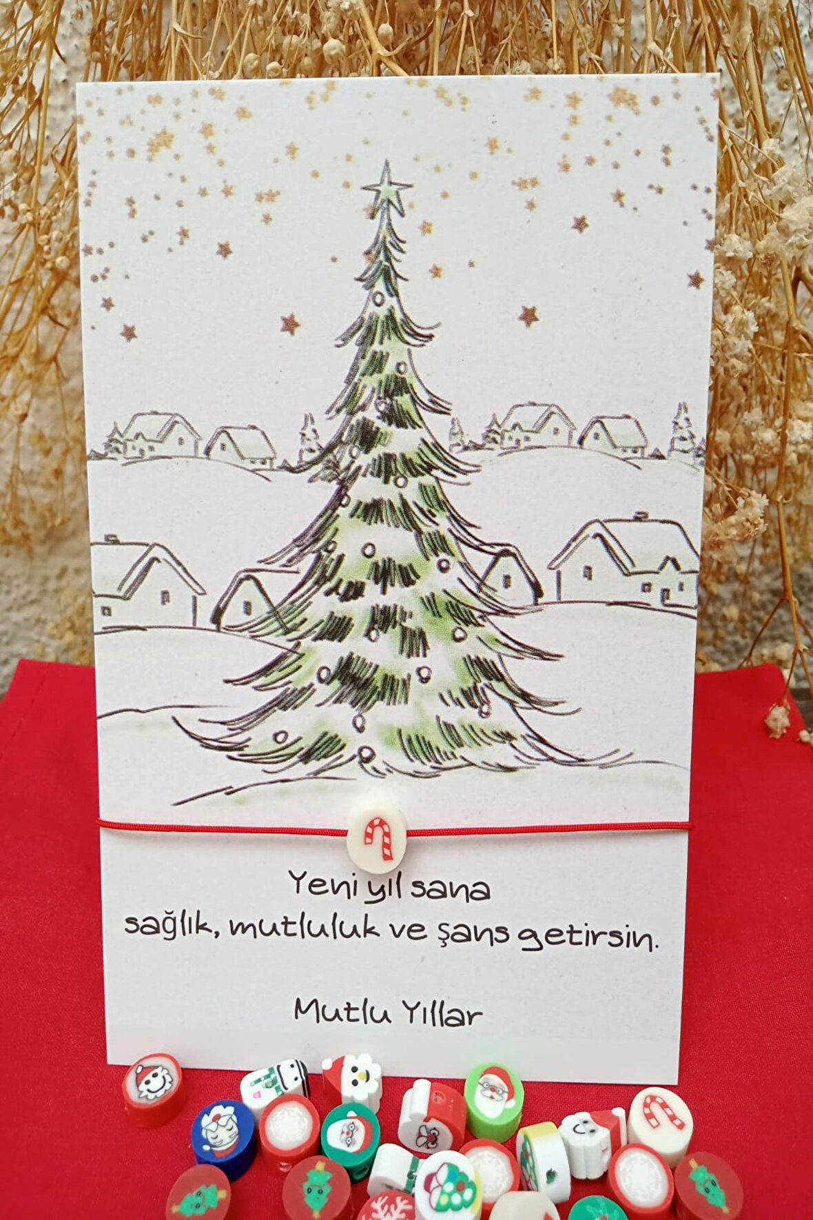 10 Adet Çam Ağacı Kartlı Yılbaşı Figürlü Bileklik - Yılbaşı Hediyesi - Şans Bilekliği