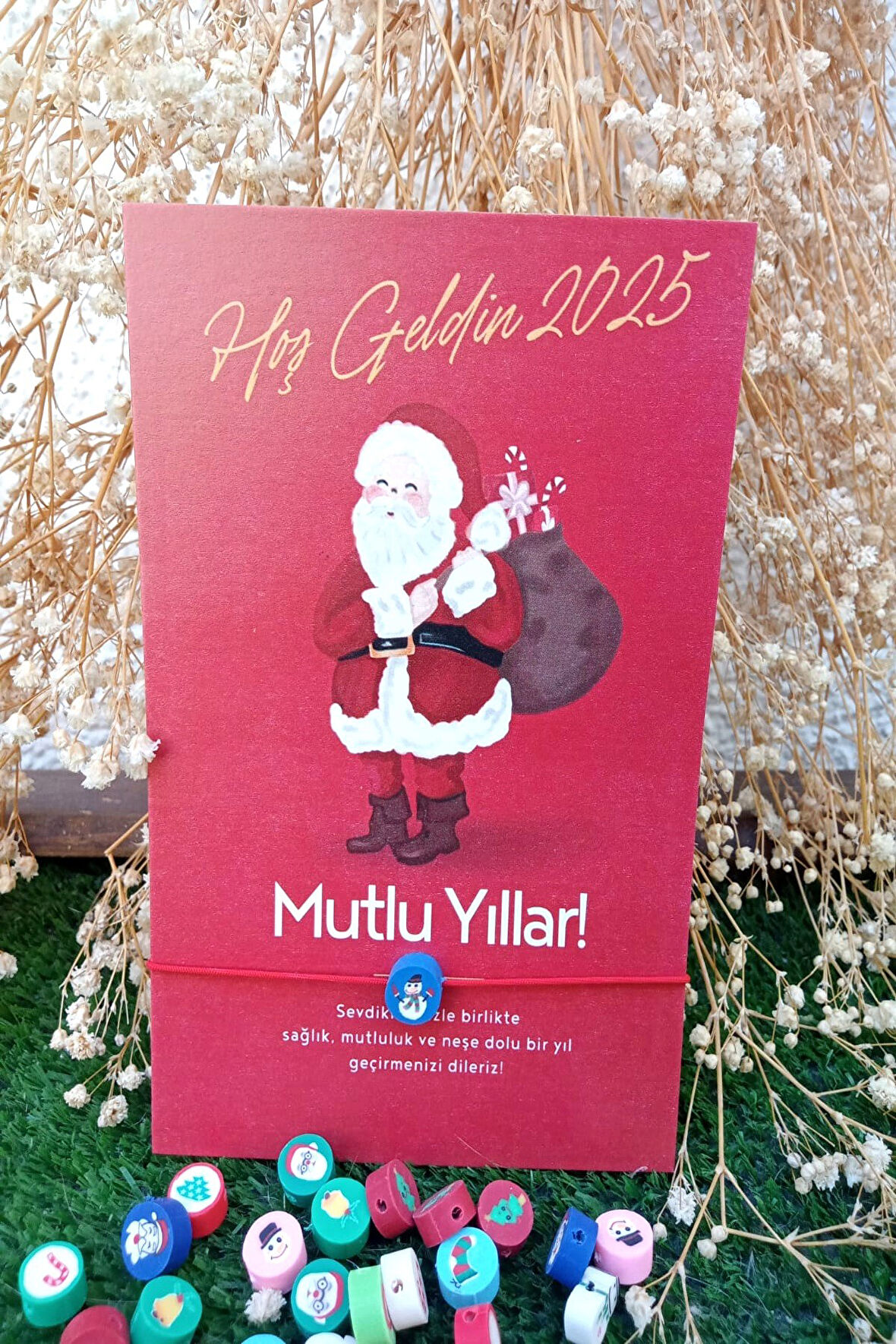 10 Adet Hoşgeldin 2025 Noel Baba Kartlı Yılbaşı Figürlü Bileklik - Yılbaşı Hediyesi - Şans Bilekliği