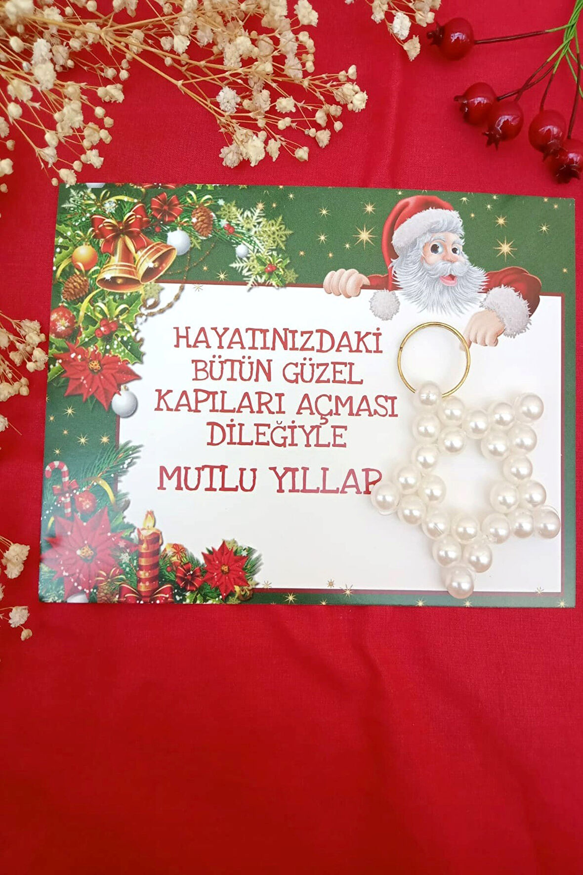 10 Adet İnci Yıldız Yılbaşı Hediyesi Anahtarlık - Noel Baba Kartlı - Kuşe Canlı Kart - Jelatinli