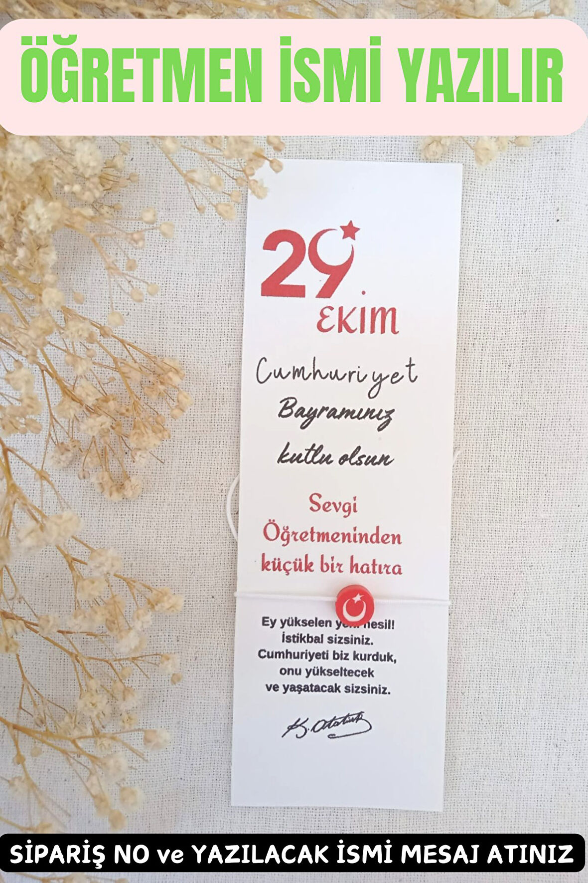40 Adet 29 Ekim Türk Bayrağı Bileklik & Kitap Ayracı -Cumhuriyet Bayramı Hediyesi- --İsim Yazılır