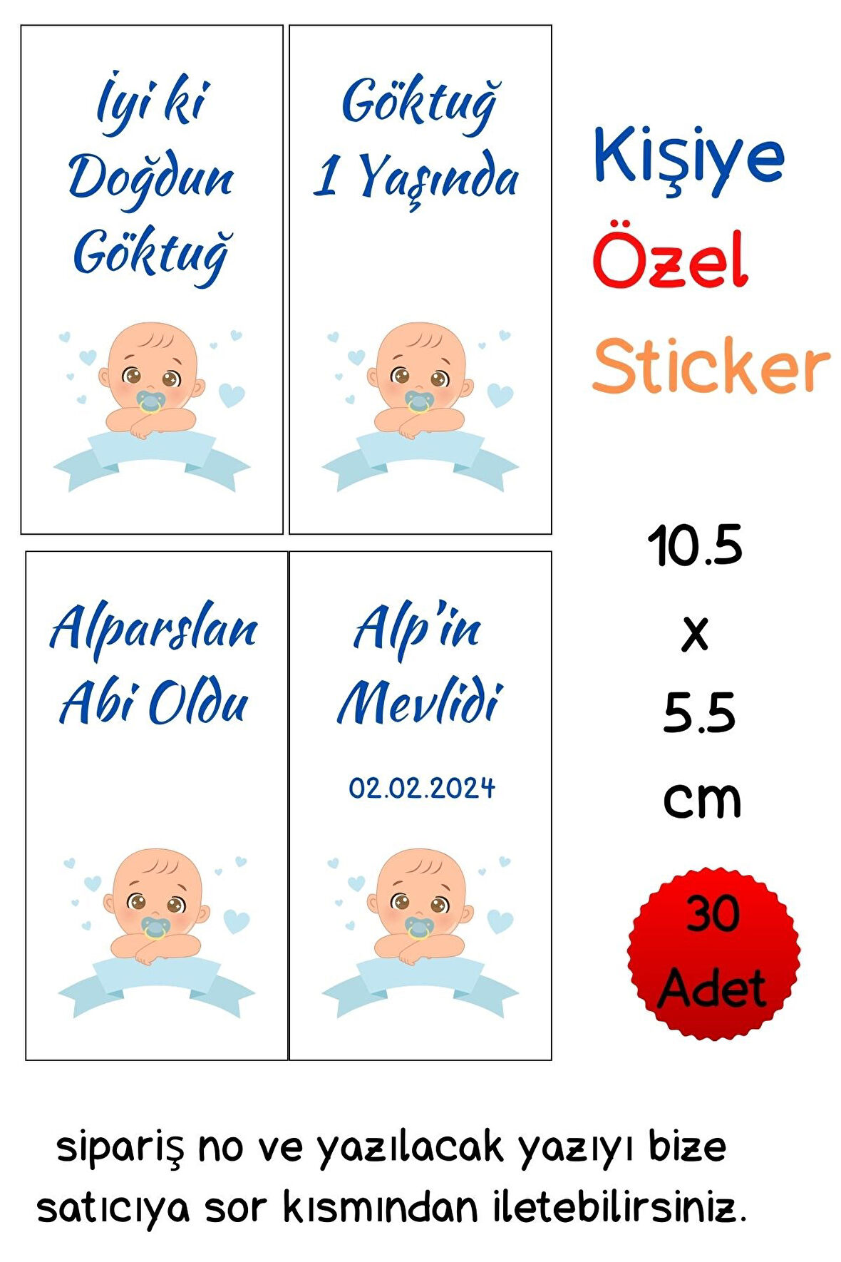 10.5 x 5.5 cm | 30 Adet Kişiye Özel Sticker - Erkek Mevlid Hediye Sticker - Kına Sticker