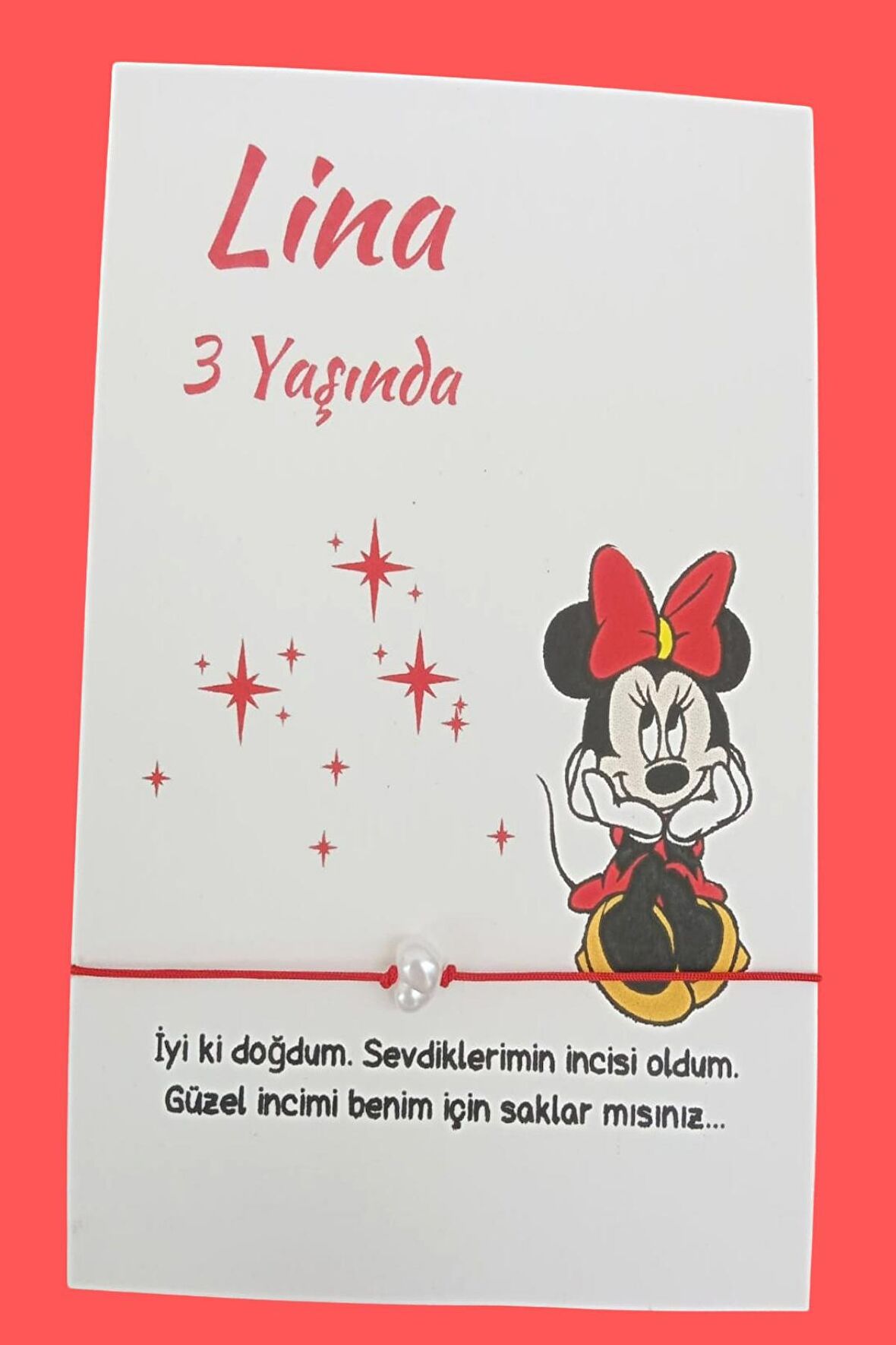 Mini Mouse Kartlı 30 Adet Şans Bilekliği - Diş Buğdayı Hediyelik -Tek Tek Paketli - Doğumgünü Hediye