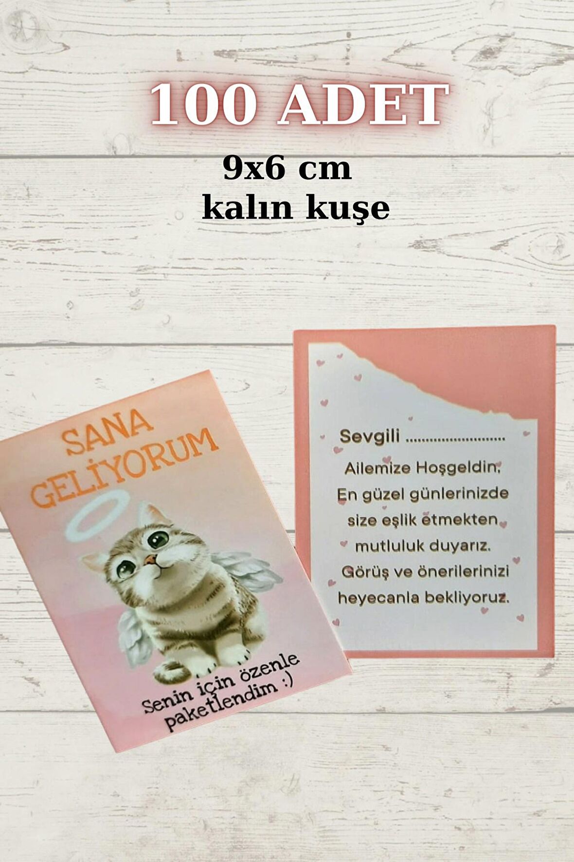 Melek Kedili 100 Adet Tebrik Kartı - Sana Geliyorum Teşekkür Kartı - Paketleme Kartı - Parlak Kuşe