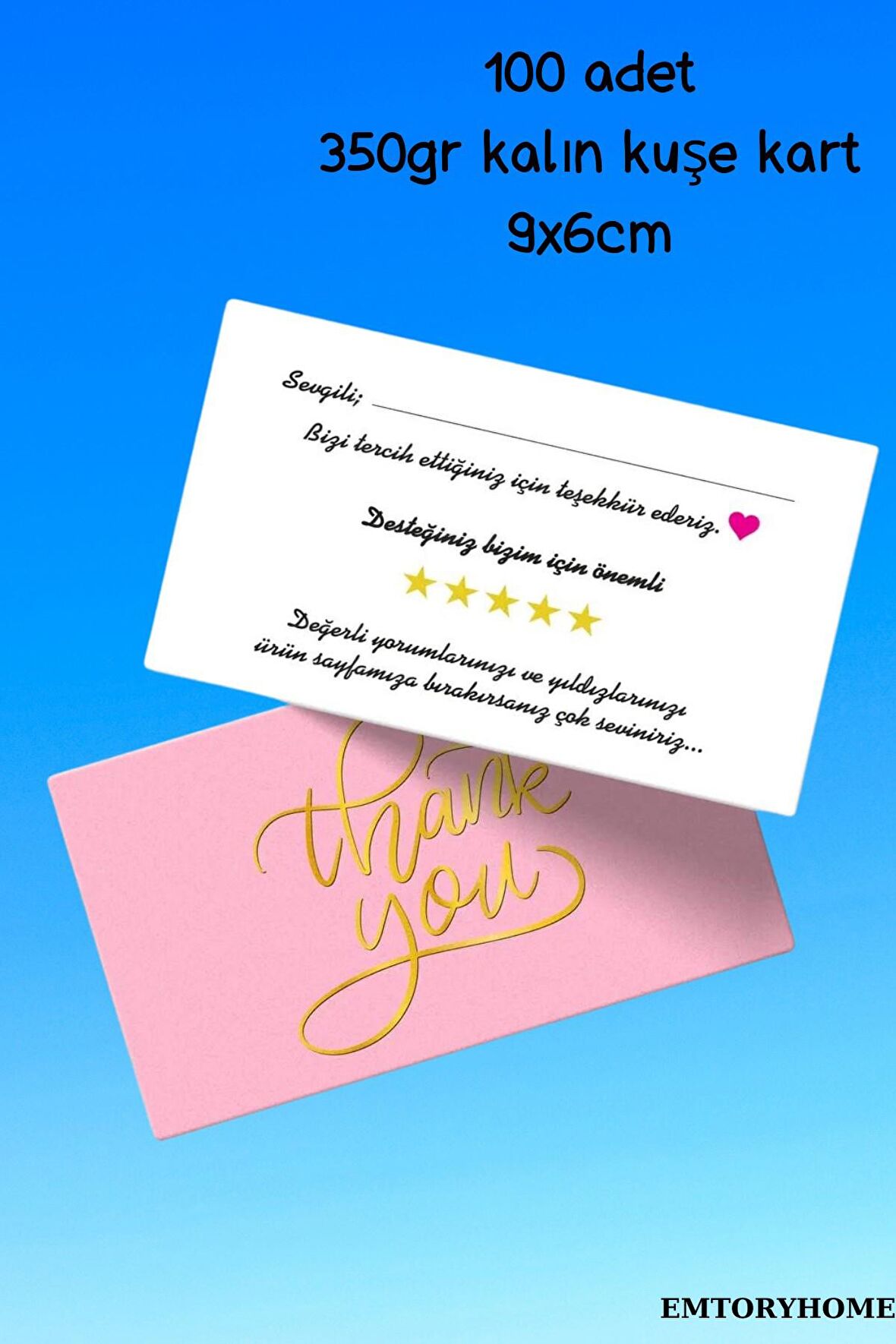 100 Adet  Pembe Gold Thank You Teşekkür Kartı - Hediye Kartı - Paketleme Kartı - 9x6 cm 