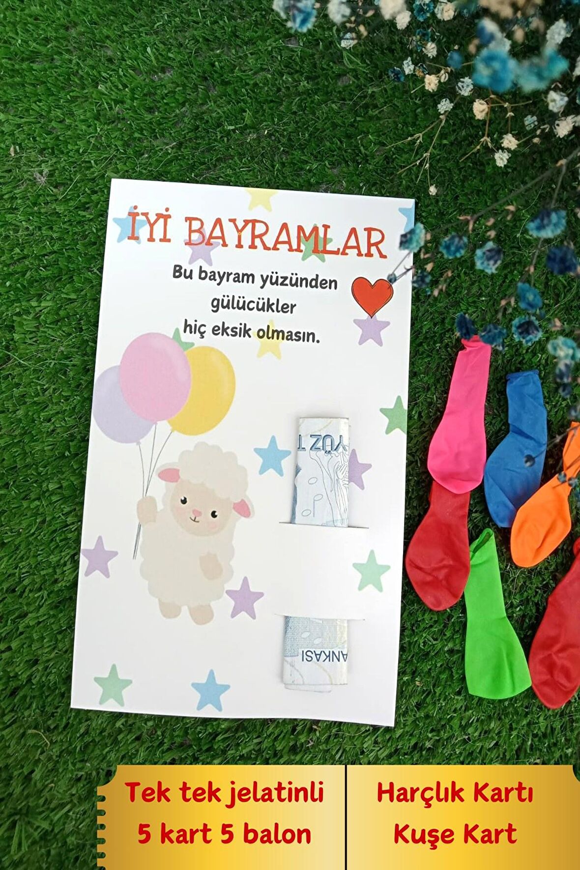 5 Adet Bayram Hediyesi - Kuzucuk Harçlık Kartı & Renkli Balonlu - Kurban Bayramı Hatıra Kartı