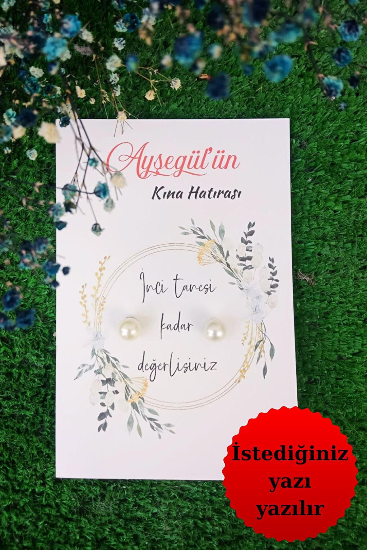 15 Adet Aranjman Kartlı İnci Küpe - Kına Hediyesi - Nişan Hediyesi - Nikah Hediyesi - Kişisel Yazı