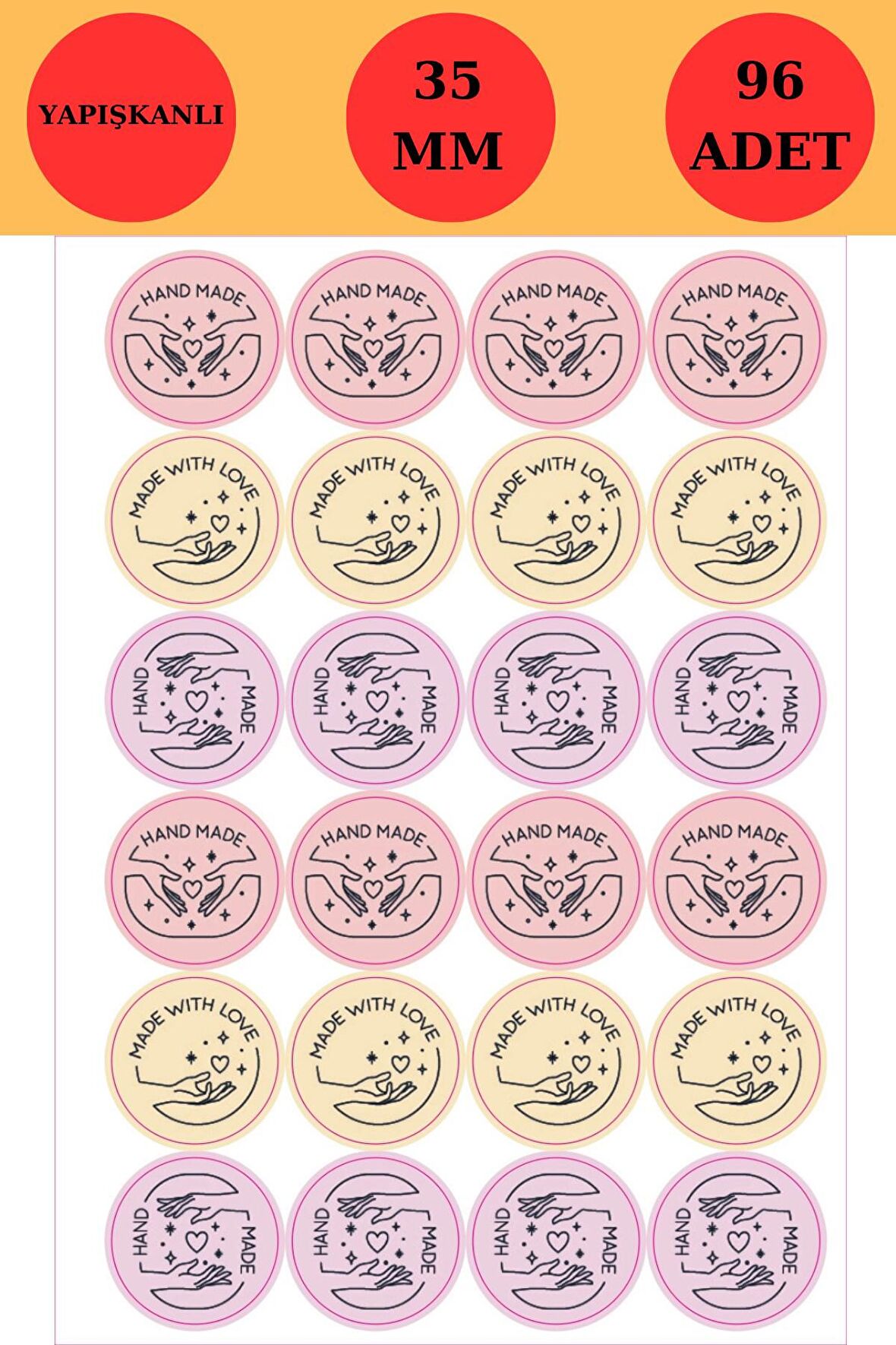 Pembe Sarı Mor Handmade Sticker - Paketleme Sticker - Hediye Sticker - Teşekkür Sticker