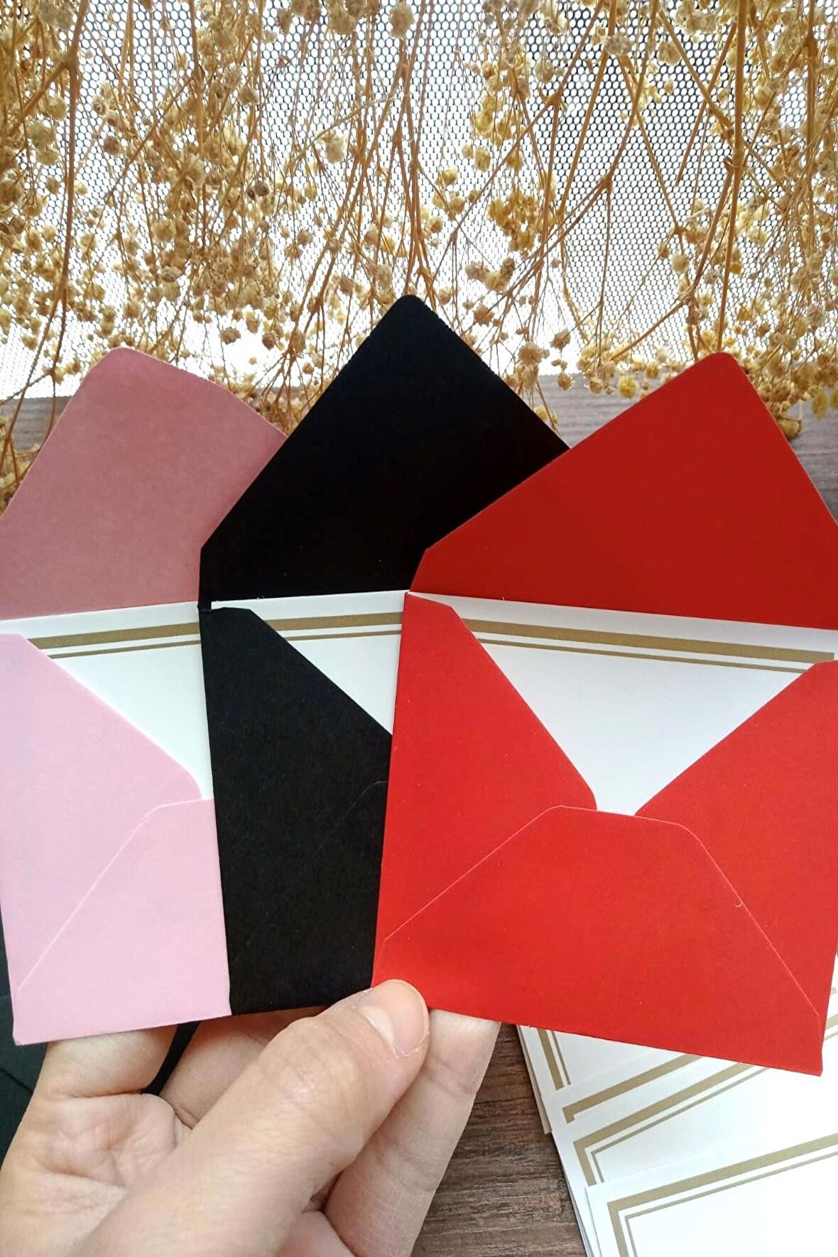 15 Adet Mini Hediye Paketleme Kart Seti -  3 Renk Zarf & Beyaz Altın Çerçeveli Not Kartı -  9x7cm