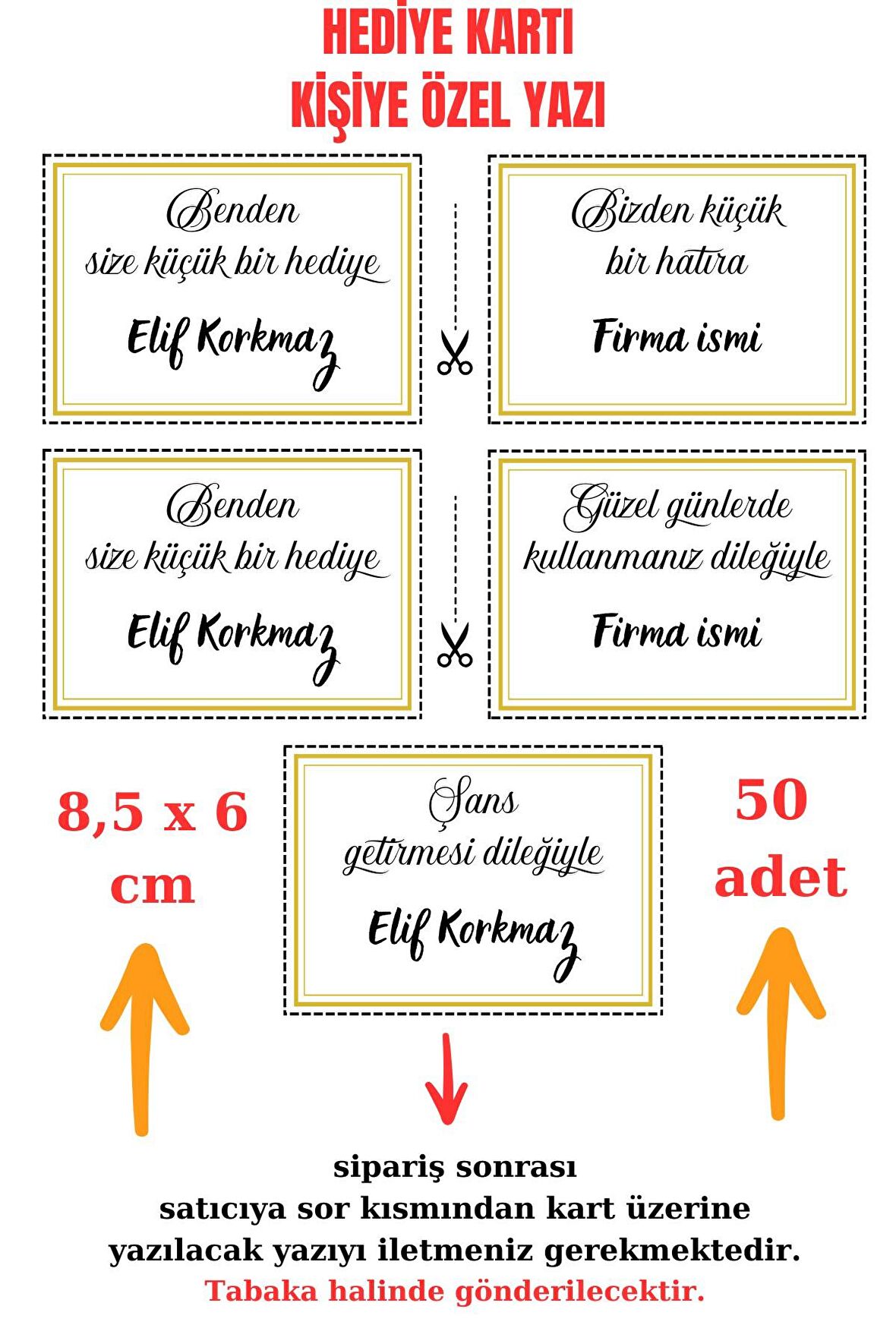 50 Adet Kişiye Özel 8x6 Kuşe Kart - Hediye Paketi - Hediye Kartı - Tebrik Kartı