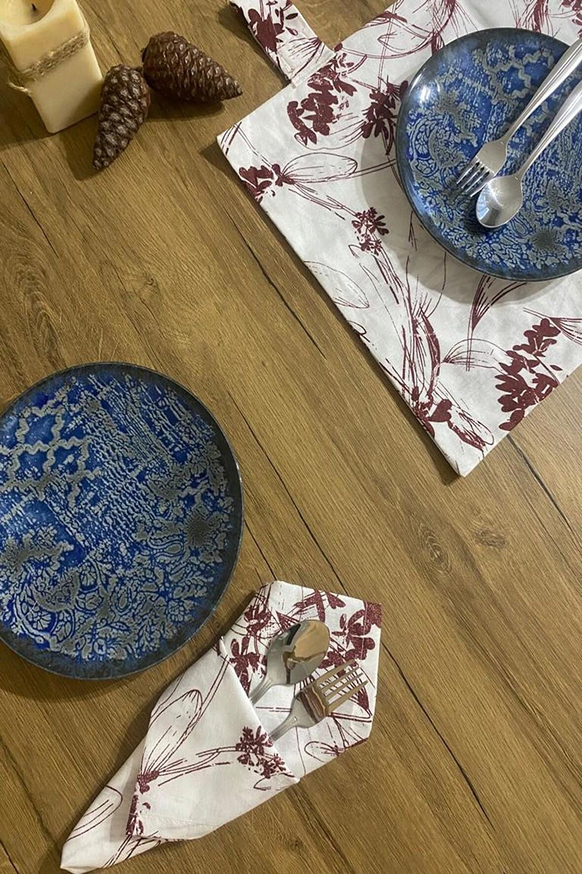 6'lı Bordo Çiçekli Keten Servis Sunum Peçetesi