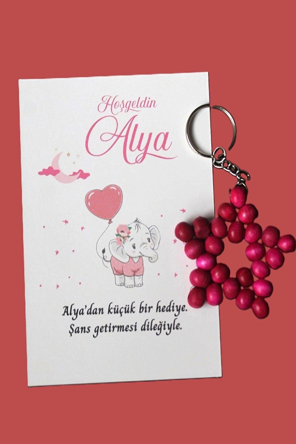 30 Adet Zincirli Ahşap Yıldız Anahtarlık Kız Bebek Hediyeliği Fil & Balon Kız Çocuk Konsept 