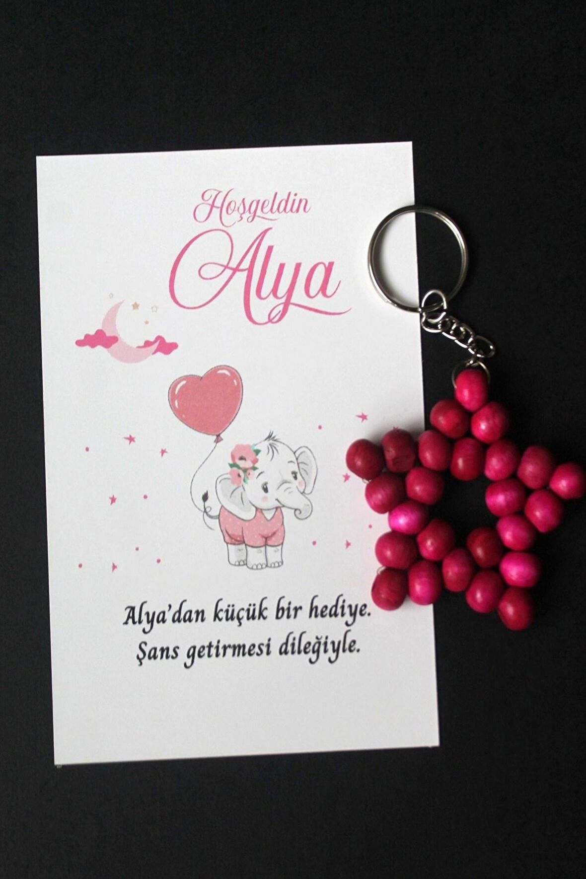 20 Adet Zincirli Ahşap Yıldız Anahtarlık Kız Bebek Hediyeliği Fil & Balon Kız Çocuk Konsept 