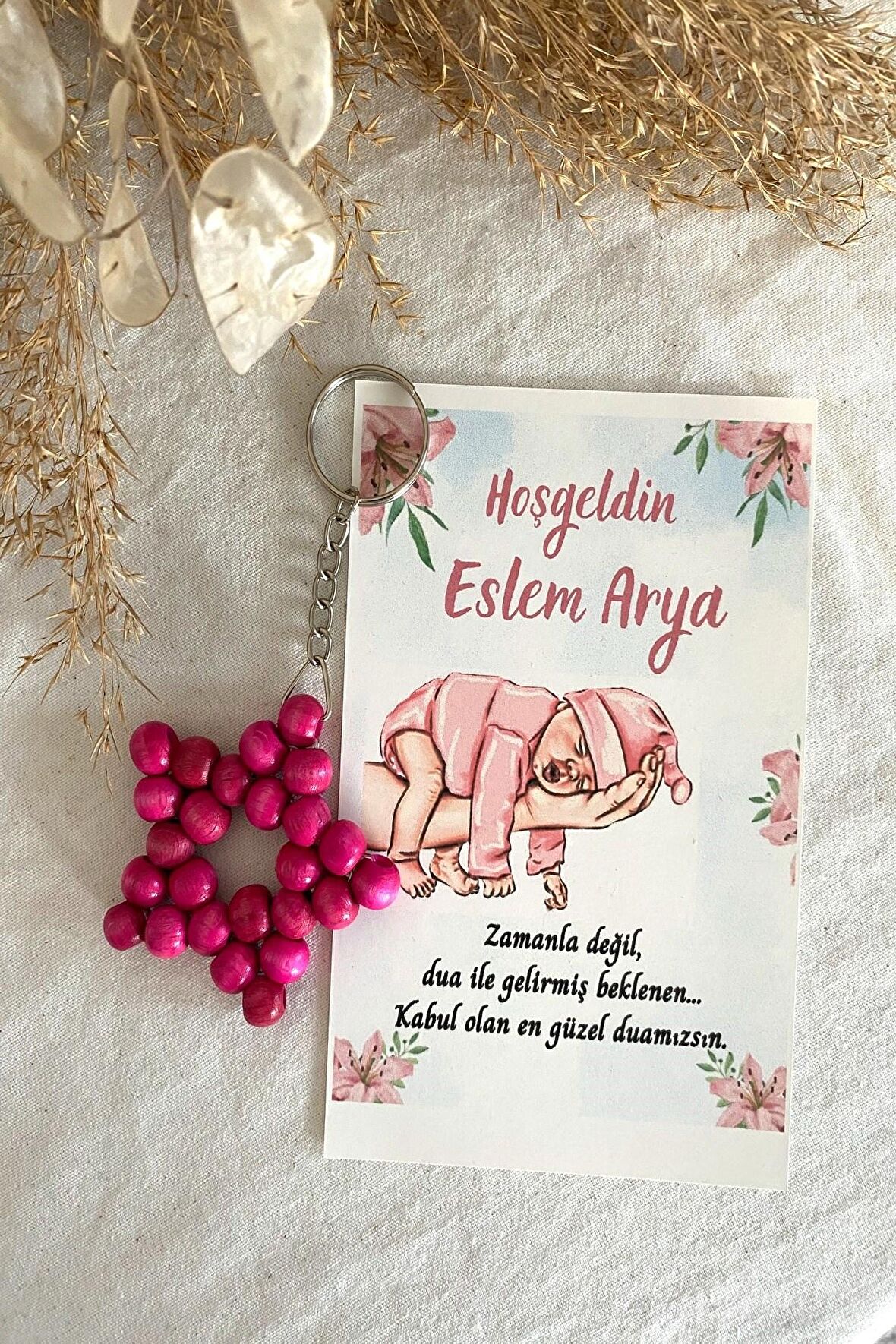 50 Adet Pembe Bebek Konsept Kartlı Anahtarlık - Bebek Hediyelik - +10Renk