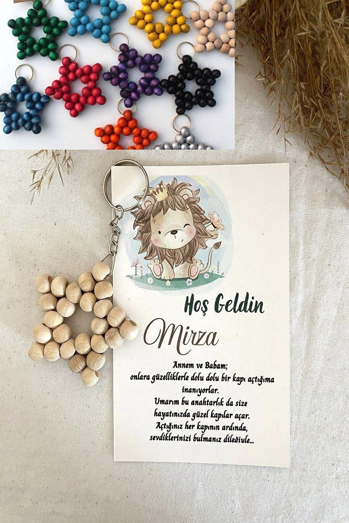30 Adet Aslan Temalı Kişiye Özel Kartlı Ahşap Anahtarlık - Bebek Hediyesi - Baby Shower