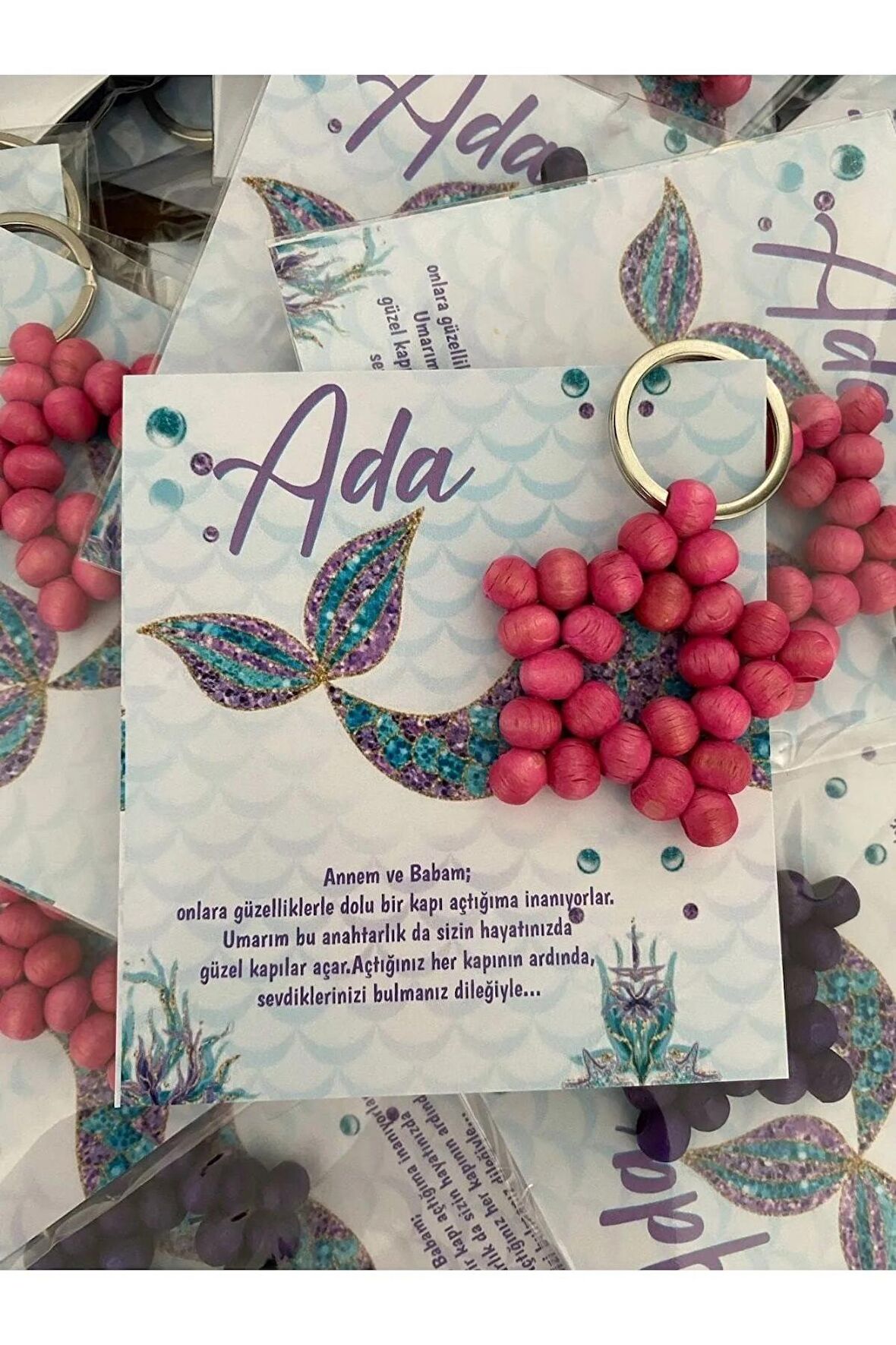 30 Adet Deniz Kızı Kartlı Ahşap Yıldız Anahtasrlık - Doğum Hediyesi - Baby Shower