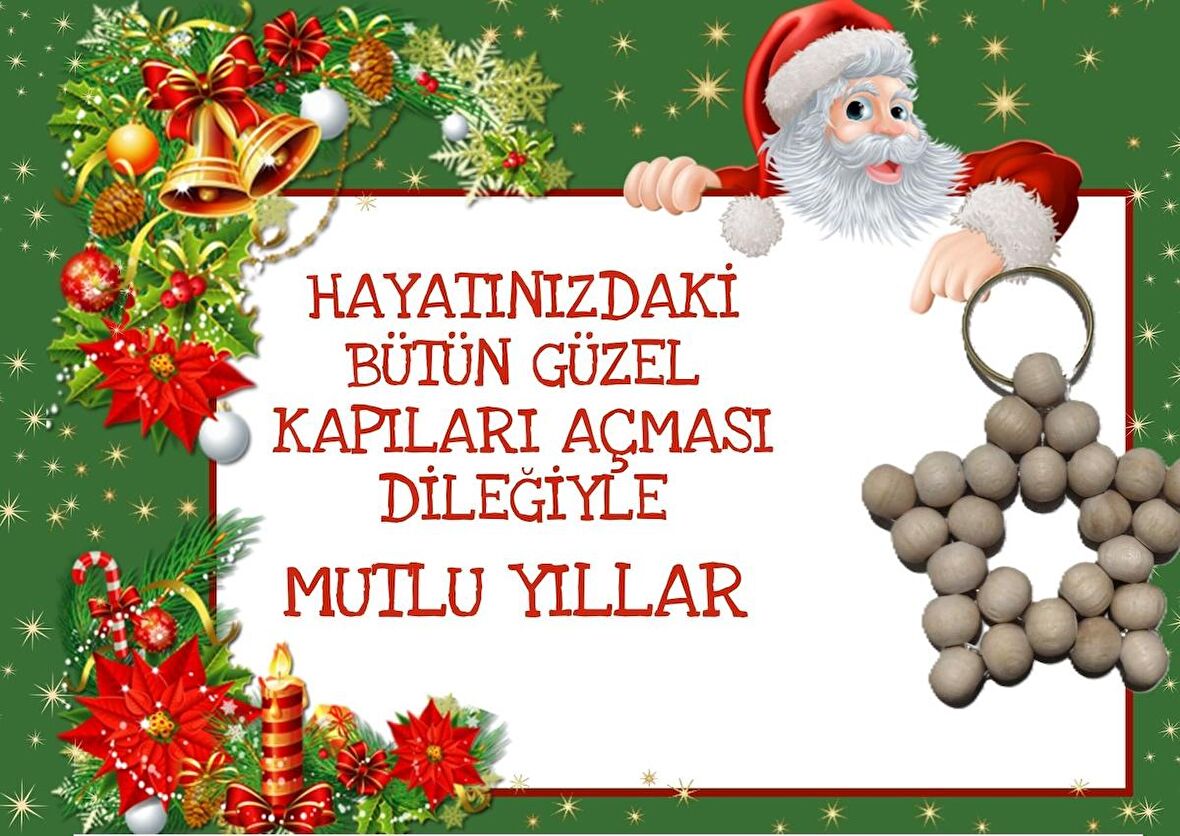 25 Adet Naturel Yıldız Anahtarlık - Ahşap Yıldız - Noel Baba Kartlı - Jelatinli - Yılbaşı Hediyelik