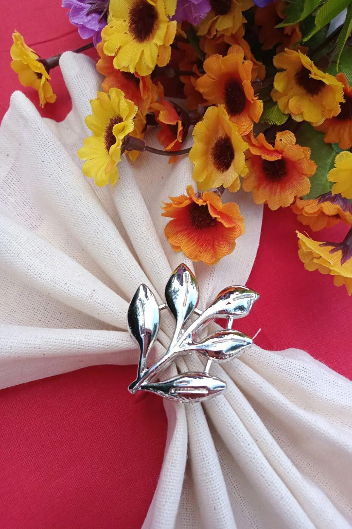 6 Adet Gümüş Sarmaşık Metal Peçete Halkası - Napkin Ring - Table Decor